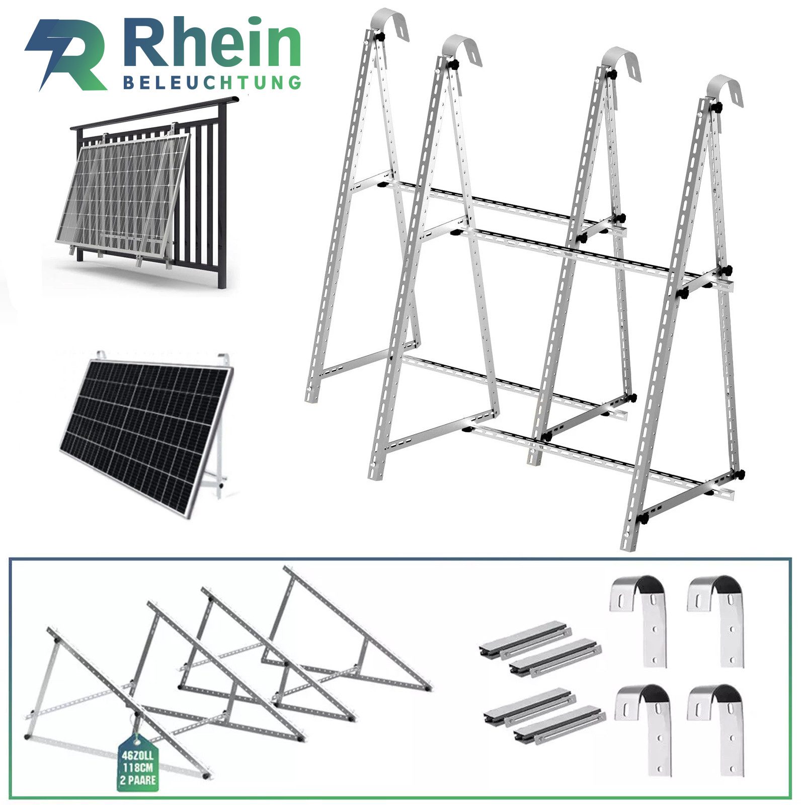 Rhein Beleuchtung Solarmodul-Halterung 118cm Verstärkte Solarpanel-Montagehalterung(mit Balkonhaken), (Edelstahl, Universelles Design, spart Balkonplatz, erhöht Solarertrag)