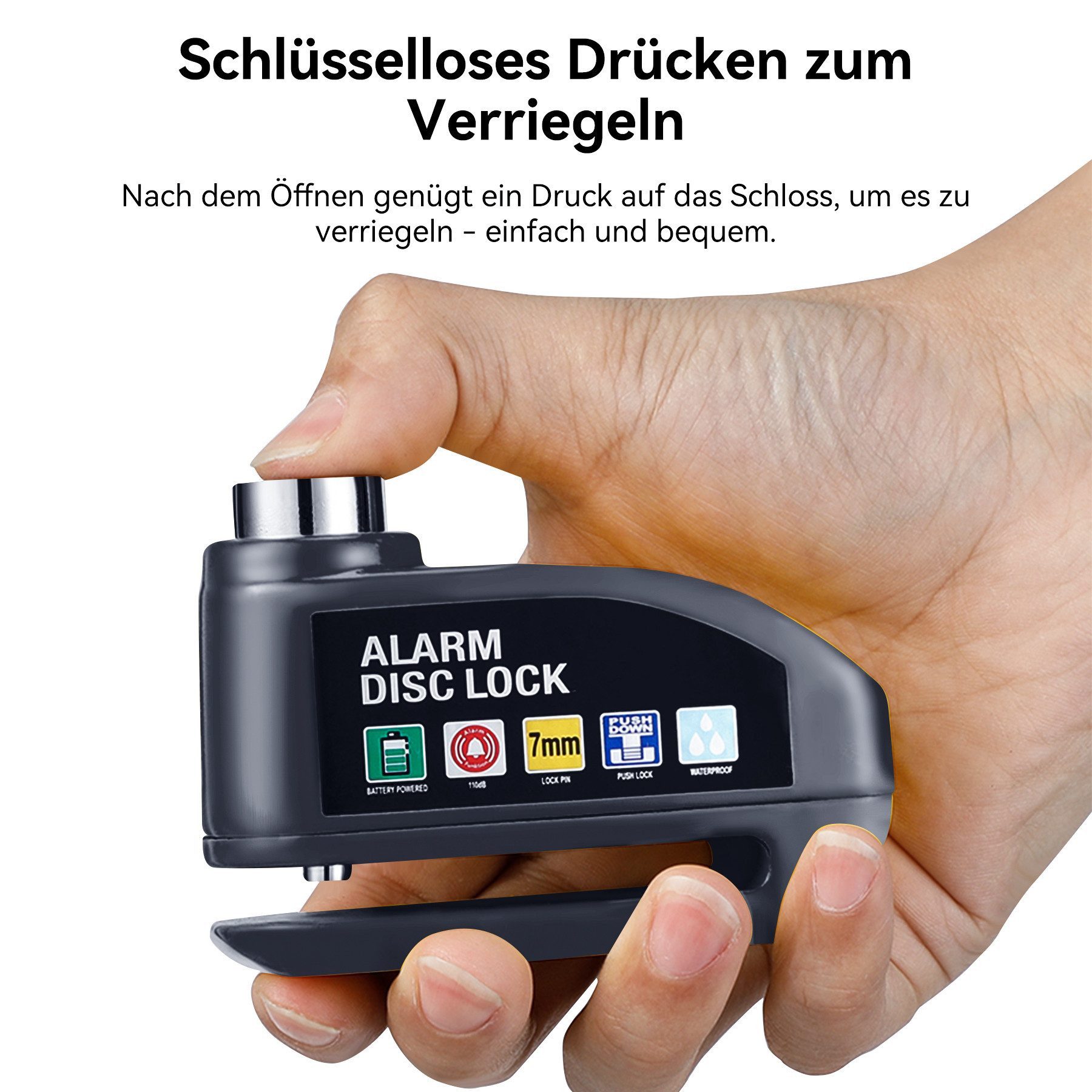 Senmudi Rahmenschloss Bremsscheibenschloss, Motorrad Schloss Alarm 110db (Wasserdichtes Hochsicherheits-Motorradschloss mit Fahrrad-Alarmanlage, Scooter, für Moped, Fahrrad, Motorradschloss Alarmanlage), Universal ø7 mm, mit Erinnerungsschnur