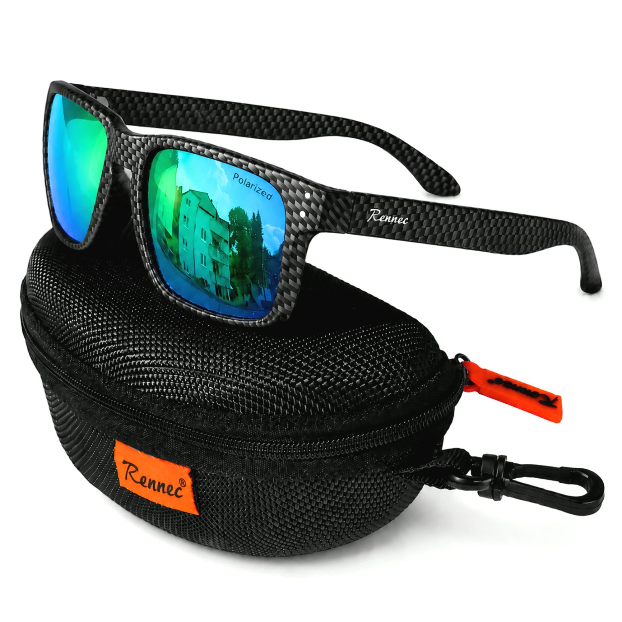 Rennec Sonnenbrille Herren Polarisiert Rechteckig Carbon Optik mit Hardcase Gläser UV400 Getönt oder Verspiegelt, Edelstahl Bügelgelenke 3in2