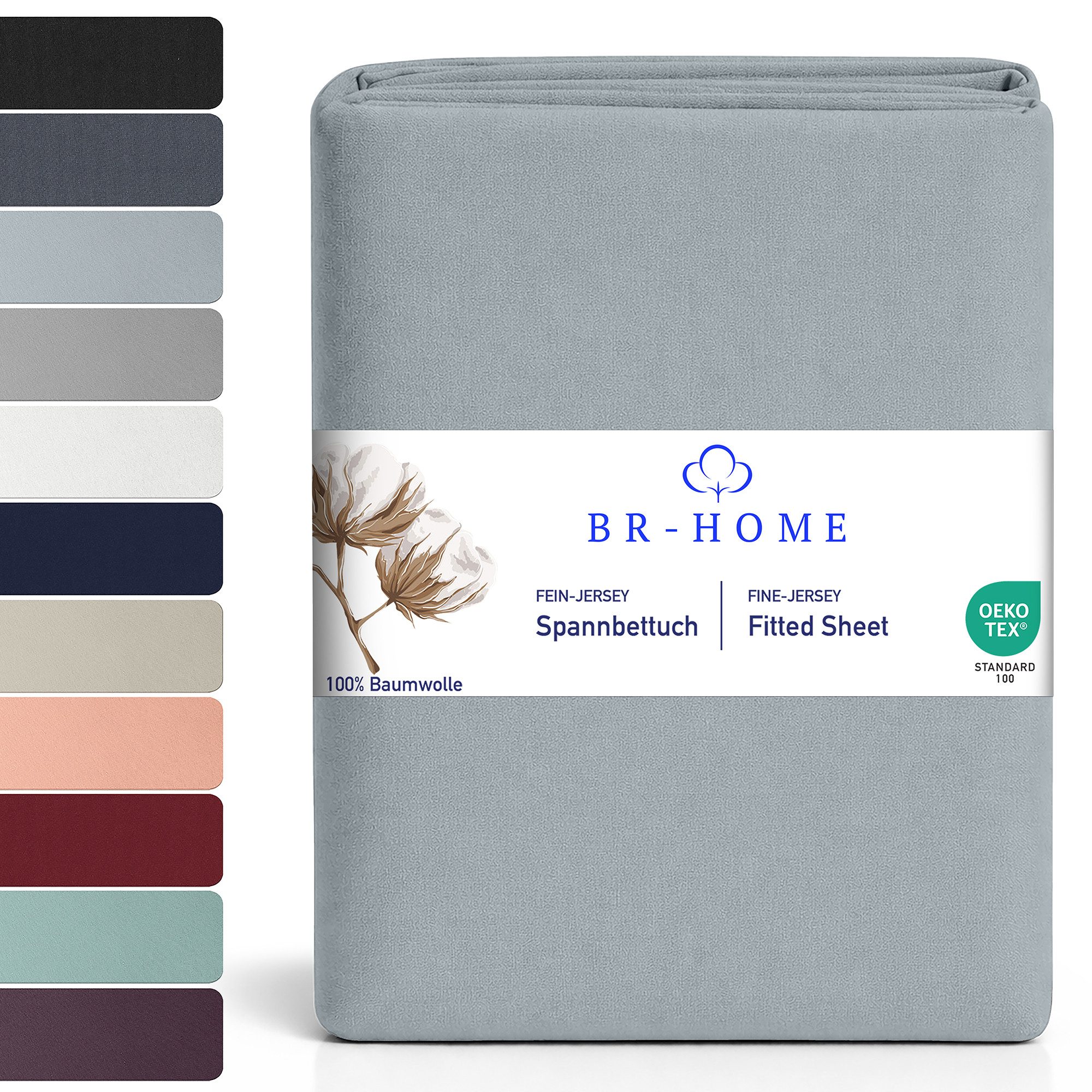 BR-Home Spannbettlaken bis zu 25cm, 100% Baumwolle Jersey Bettlaken, Spannbetttuch 145 g/m², Gummizug: rundum, (1 Stück), Rundumgummi, Atmungsaktiv