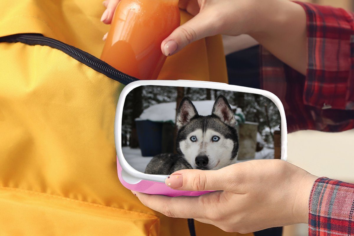 Kunststoff, Kopf, Erwachsene, Brotdose - Mädchen, (2-tlg), rosa Brotbox Husky - Snackbox, Lunchbox Kinder, für MuchoWow Schnee Kunststoff