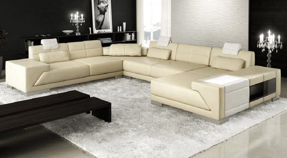 JVmoebel Ecksofa XXL BIG Wohnlandschaft U Form Ecksofa Sofa Couch Polster Leder, Made in Europe Beige/Weiß