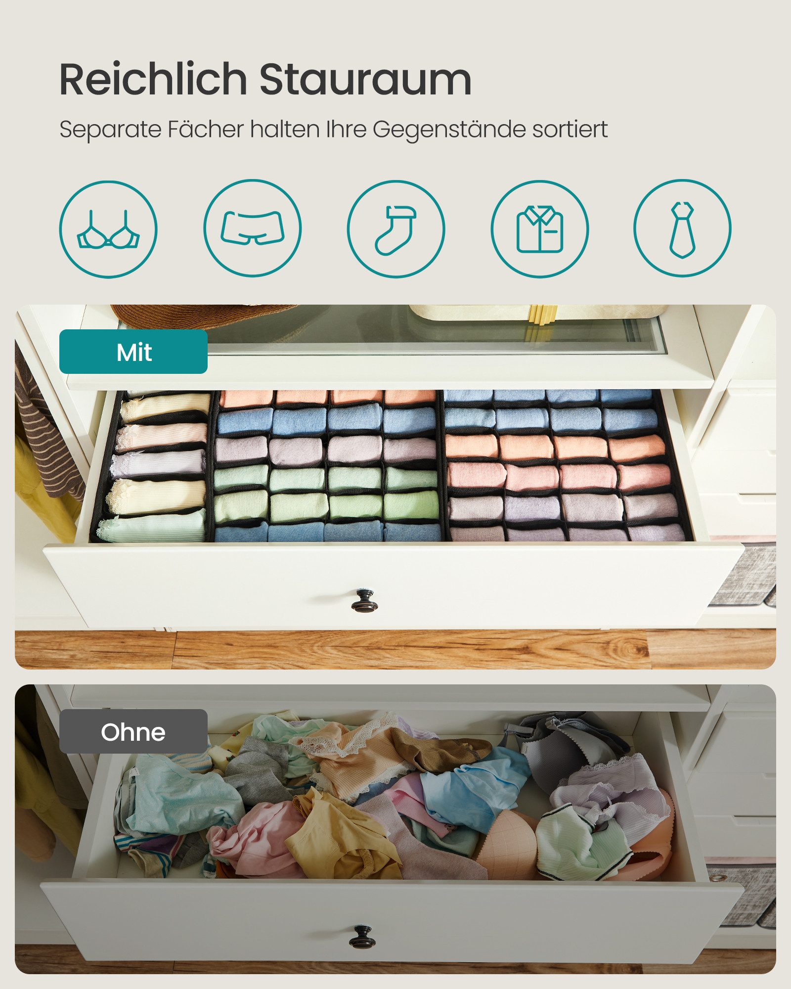 SONGMICS Aufbewahrungsbox Unterwäsche-Organizer, faltbar, Stoffboxen, für BHs Socken Krawatten (8 St), 8 Stück, Ordnungssystem Kleiderschrank, Aufbewahrungsbox Schrank
