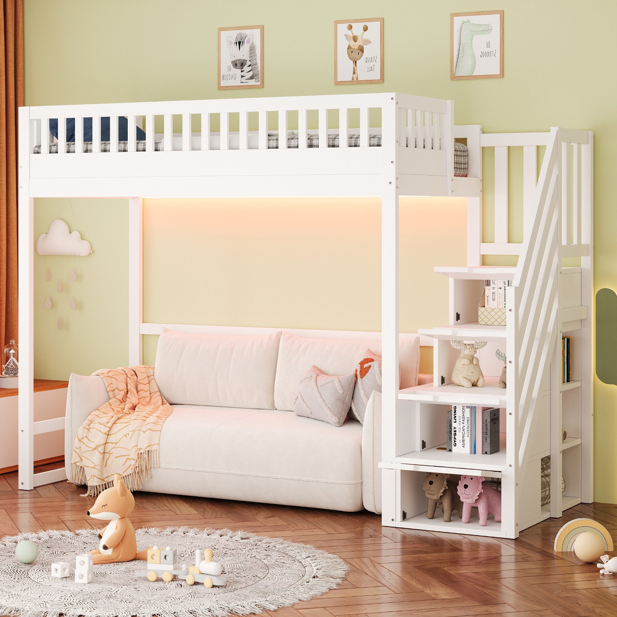 OKWISH Hochbett Jugendbett Stauraumbett (mit LED-Lichtleiste, massiver Kiefernholzrahmen, Sicherheitsgeländer und austauschbaren Sicherheitsleitern, 90x200 cm) ohne Matratze