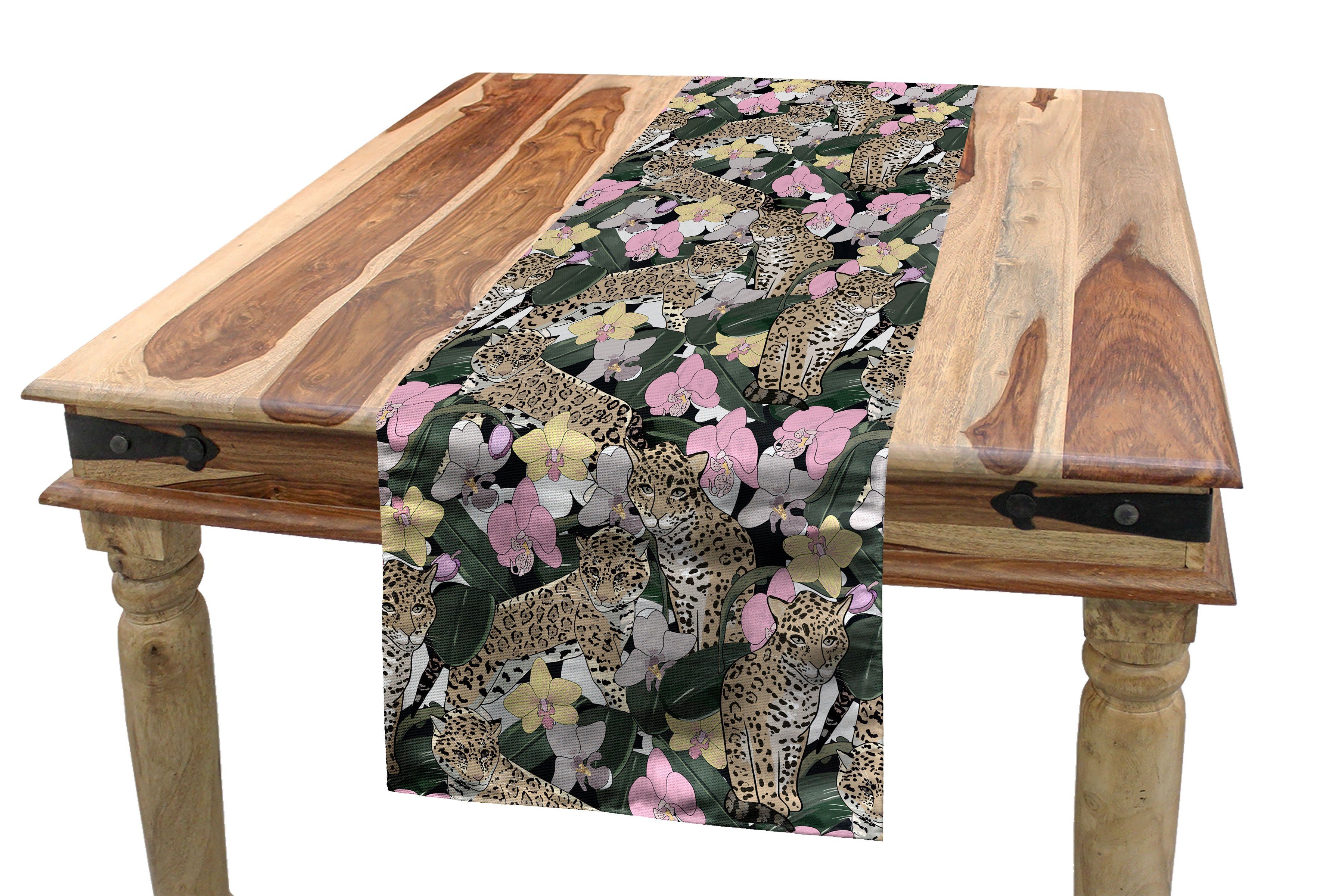 Abakuhaus Tischläufer Esszimmer Küche Rechteckiger Dekorativer Tischläufer, Safari Exotische Orchideen Jaguars