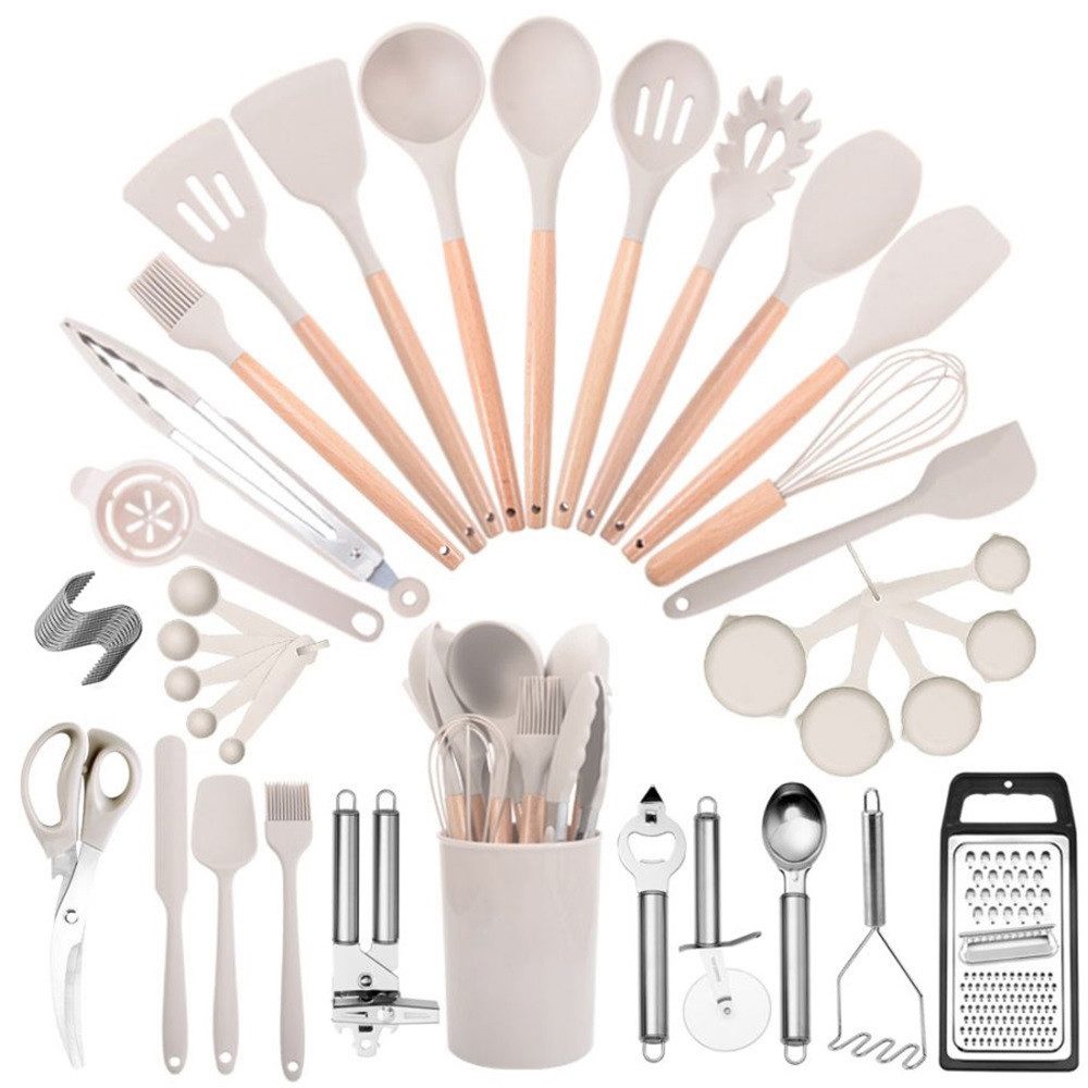 Fine Life Pro Kochbesteck-Set 44-teiliges Silikon-Küchenwerkzeug-Set mit Halter, (Kochgeschirre,Küchenwerkzeuge mit schwarzem Holzgriff), hitzebeständige Küchenwerkzeuge-Set, geeignet für nicht klebenhafte