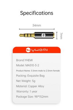 YHEMI 2,5mm Femelle vers Jack Stéréo 3,5 mm Mâle Plaqués Or Connecteur Audio Audio-Adapter 2,5-mm-Klinke zu 3,5-mm-Klinke