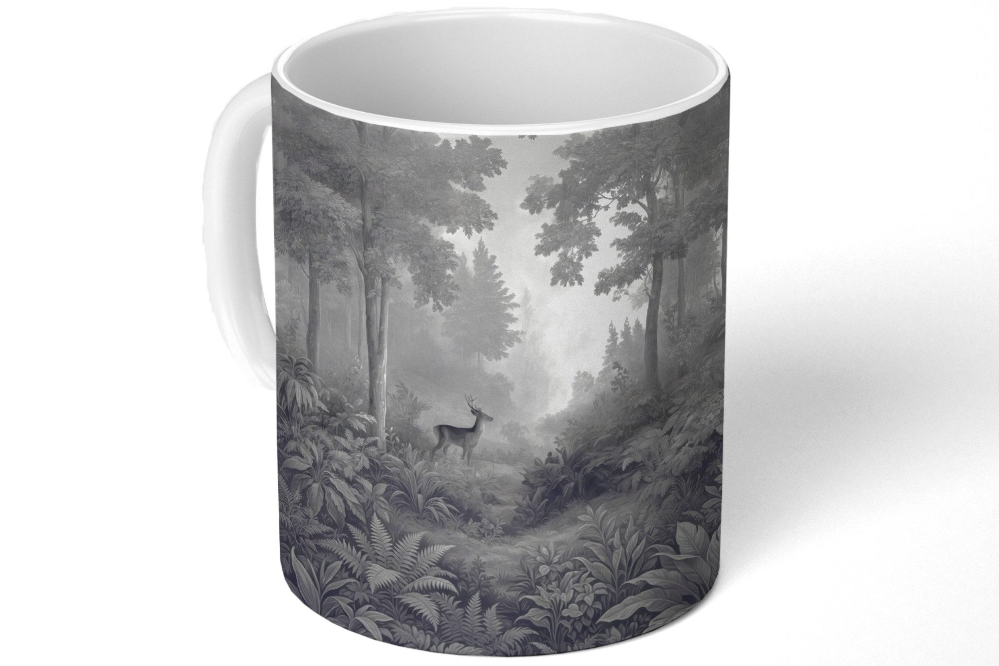MuchoWow Tasse Wald - Rotwild - Schwarz - Weiß, 1-tlg., Keramik, Kaffeetassen, Teetasse, Becher, Kaffeebecher, Geschenk
