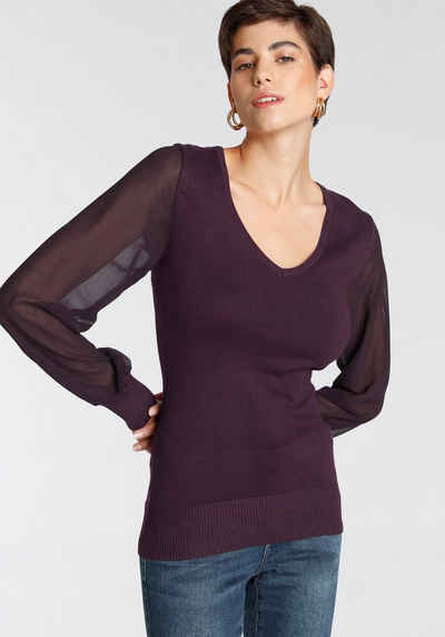 Melrose V-Ausschnitt-Pullover mit transparenten Chiffon-Ärmeln