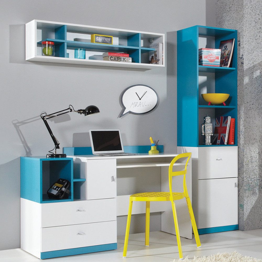 Lomadox Jugendzimmer-Set MIJAS-133, (Sparset, 3-tlg), inkl. 1 Wandboard1 Regalschrank 1 Schreibtisch modern weiß mit türkis