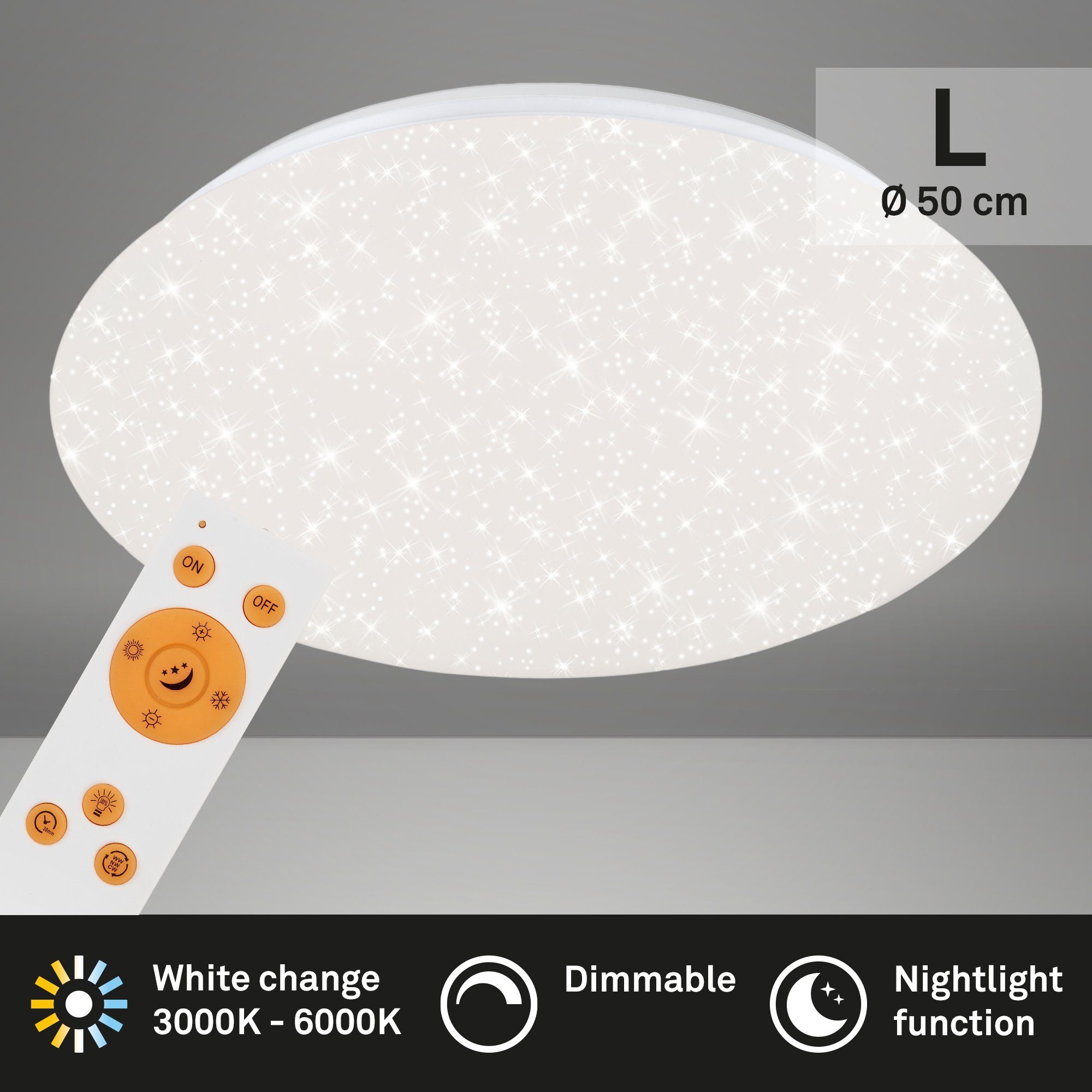 Briloner Leuchten LED Deckenleuchte 3328-016, Sternenhimmel, CCT Farbtemperatursteuerung, Fernbedienung, dimmbar, Nachtlicht, LED fest verbaut, Kaltweiß, Neutralweiß, Tageslichtweiß, Warmweiß, Deckenlampe, 48,5x7,5cm, Weiß, 38W, Wohnzimmer, Schlafzimmer, Küche