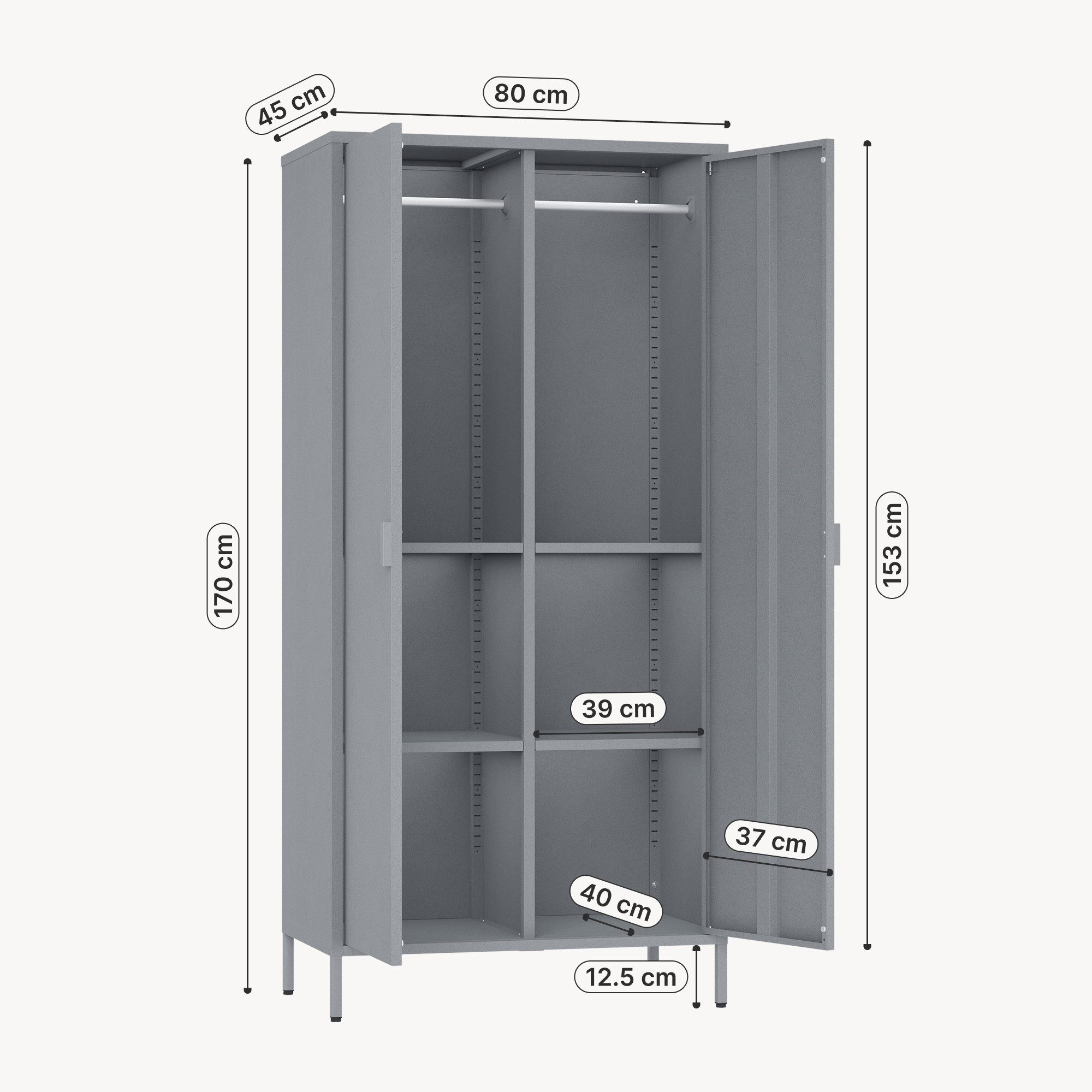 en.casa Kleiderschrank »Esteli« 170 x 80 x 45 cm mit 2 Türen Stahl Grau