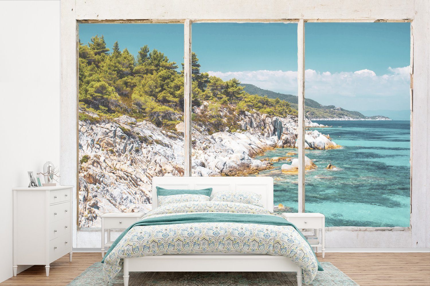 MuchoWow Fototapete Aussicht - Meer - Strand, Matt, bedruckt, (6 St), Wallpaper für Wohnzimmer, Schlafzimmer, Kinderzimmer, Vinyl Tapete