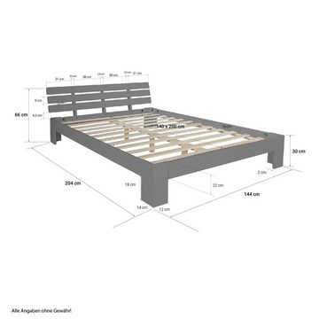 Homestyle4u Holzbett Doppelbett inkl. Matratze und Lattenrost 140x200 cm Bett Grau Massiv