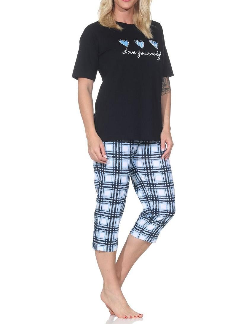 Normann Pyjama Normann Damen Pyjama mit karierter Capri Hose - auch in Übergrößen