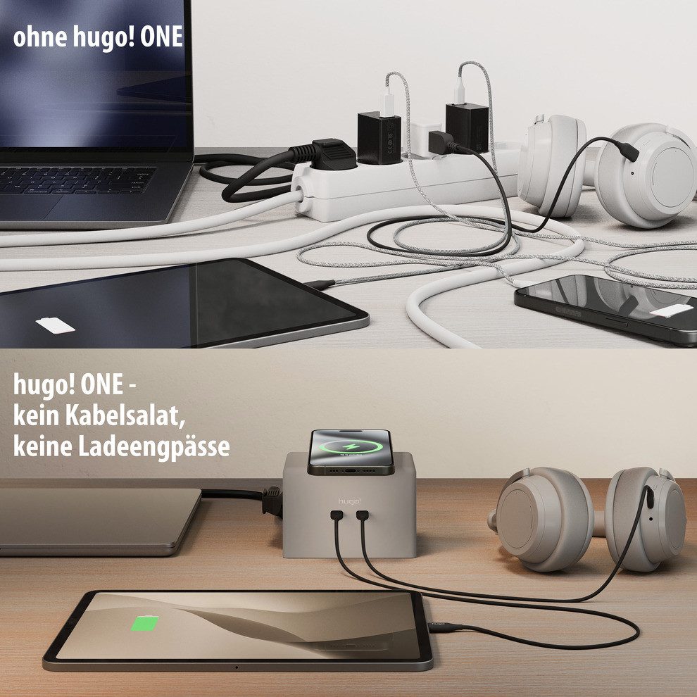 Brennenstuhl hugo! ONE 2nd Gen. Steckdosenwürfel mit USB C 20W PD, Wireless Charger Steckdosenleiste 2-fach (Kabellänge 2 m)