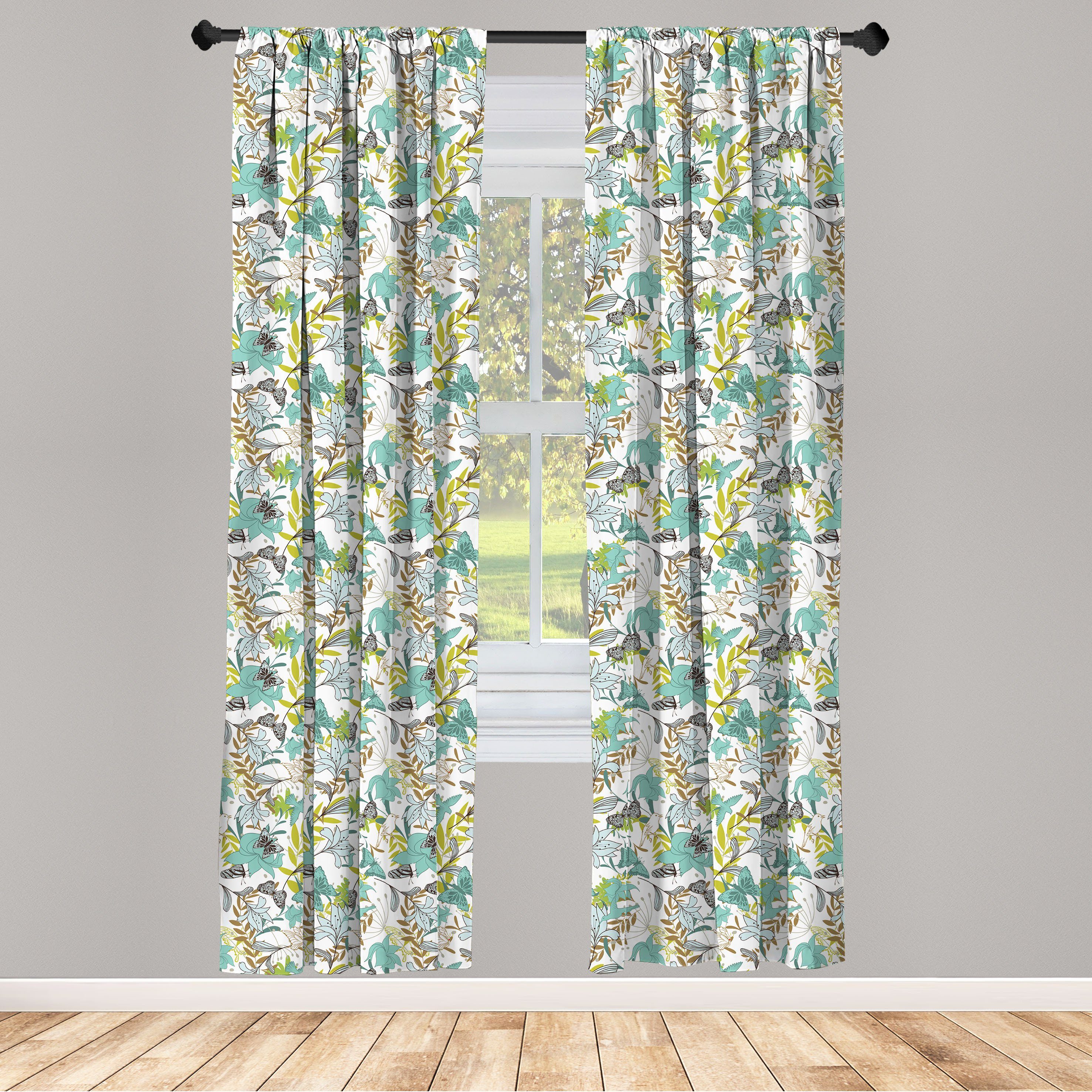 Gardine Vorhang für Wohnzimmer Schlafzimmer Dekor, Abakuhaus, Microfaser, Blumen Fliegende Vögel Schmetterlinge
