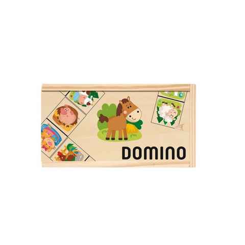 Woodyland Lernspielzeug Holz - DOMINO Legespiel "Farm Animals" in Holzbox mit Schiebedeckel (28-St)