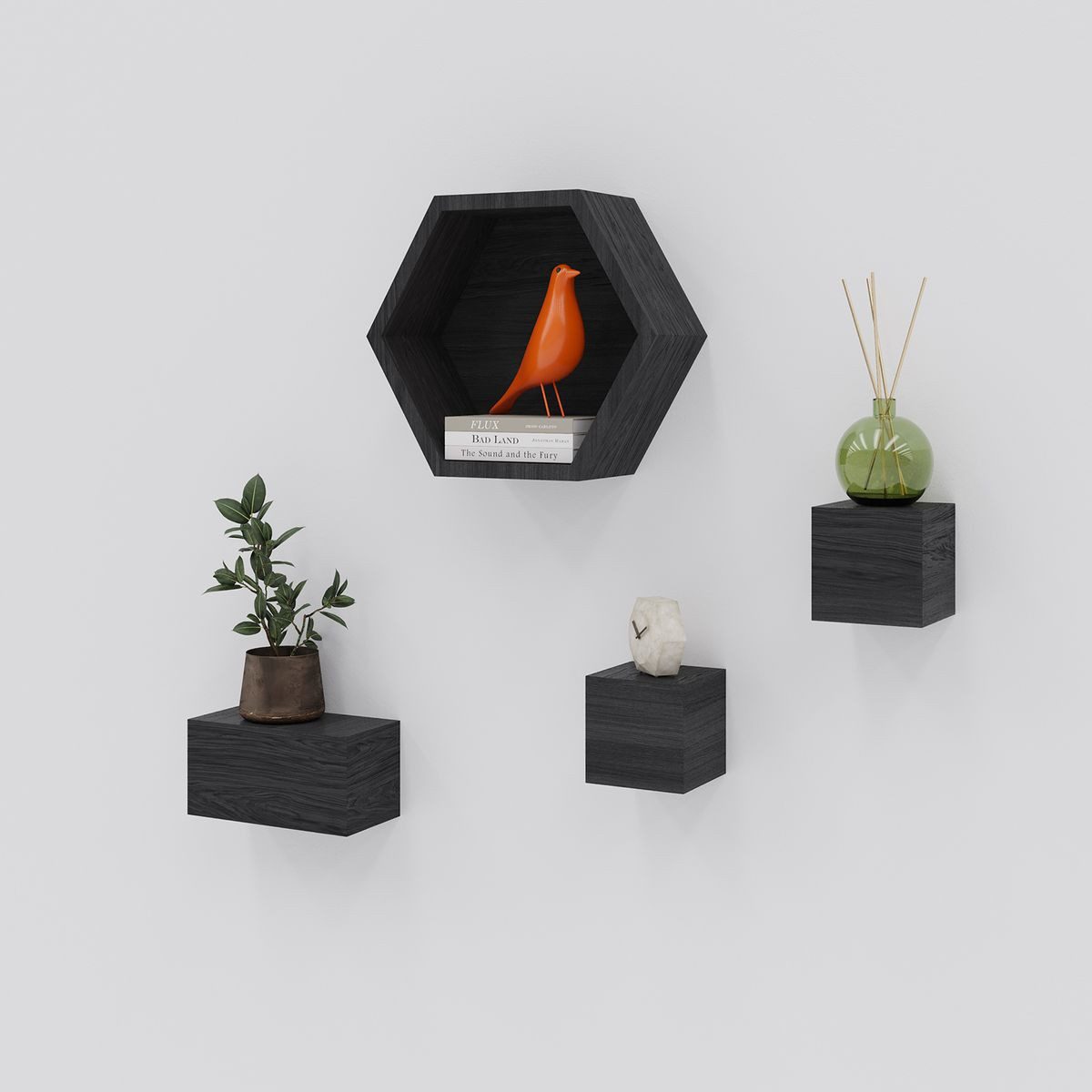 Duraline Wandregal Hexagon Hängeregal Wandmodul Ablage, modern, kombinierbar, widerstandsfähig, Schwarz Eiche 12 × 31 × 27 cm