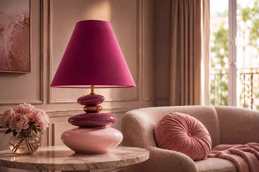 riess-ambiente Tischleuchte STONES OF ECSTASY 60cm pink/rosa - Kunststein, Stoffschirm, rund, Ein-/Ausschalter, ohne Leuchtmittel, mit dekorativem Steinsockel & goldenen Details – ideal für Wohnräume