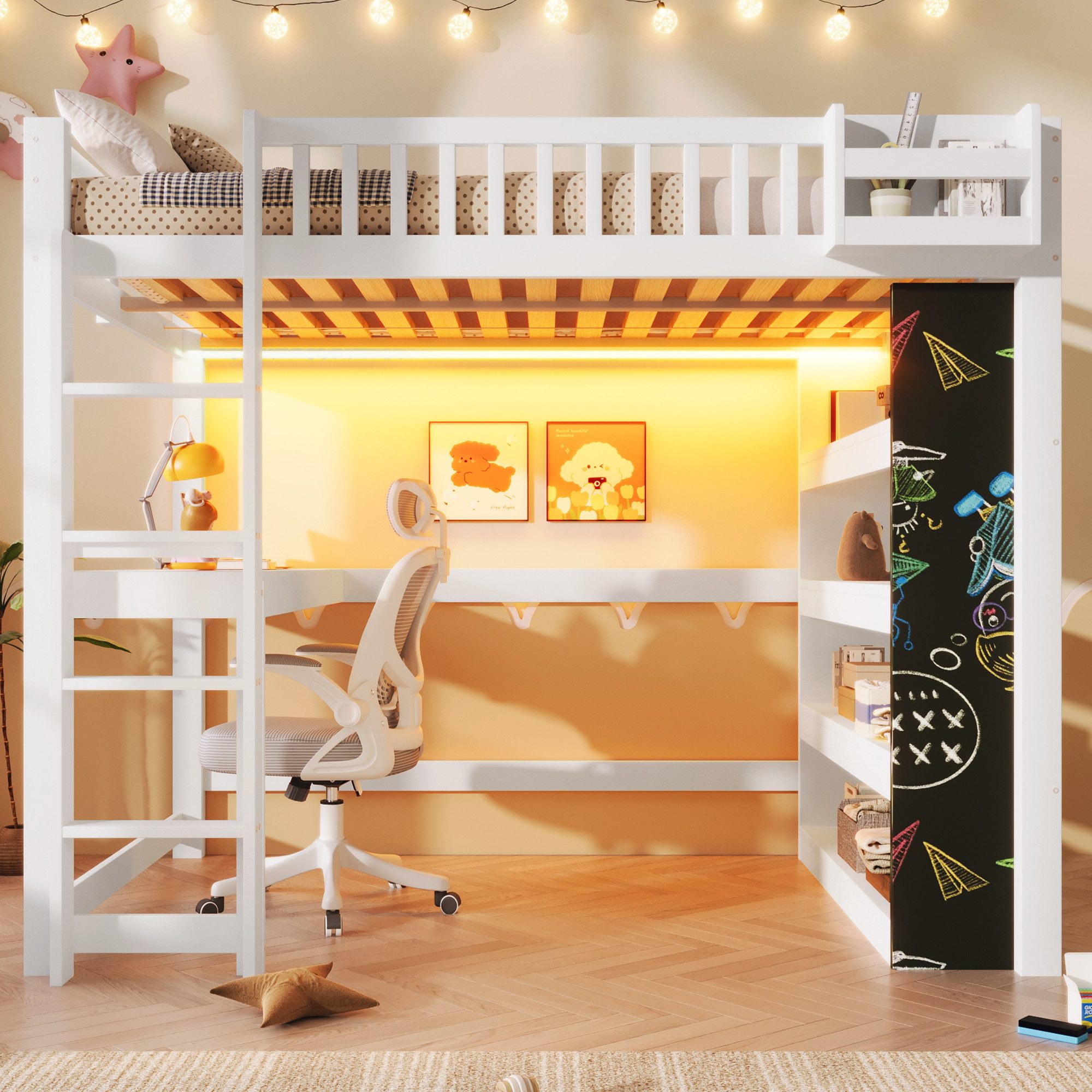 Flieks Hochbett Kinderbett 140×200cm mit Kreidetafel Schreibtisch Regal LED-Leiste