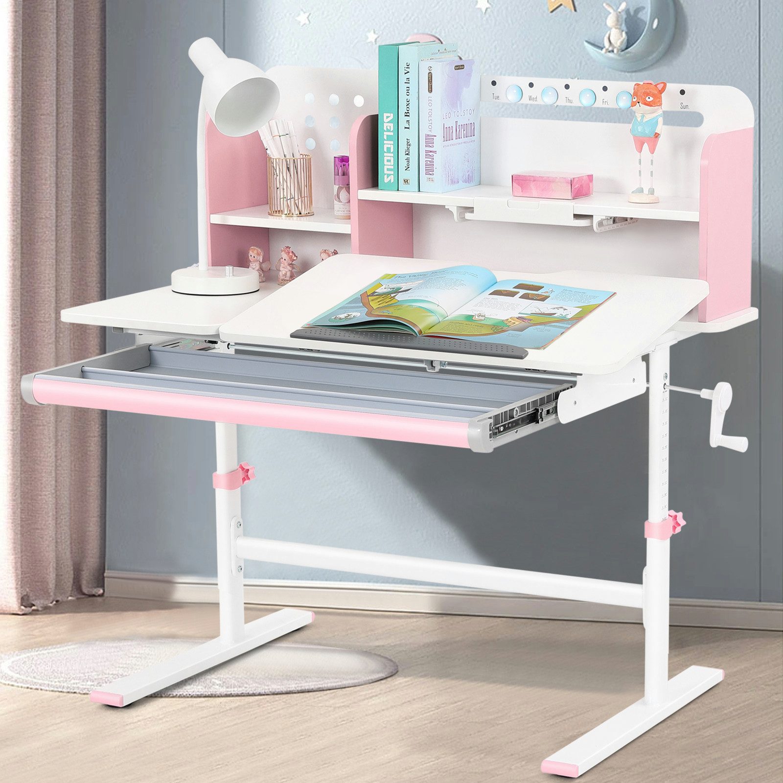 JOYLDIAS Kinderschreibtisch mit Bücherregal, Schubladen und Haken – höhenverstellbar & neigbar (1-St), Studiertisch, Schreibtisch, multifunktionaler Schülerschreibtisch