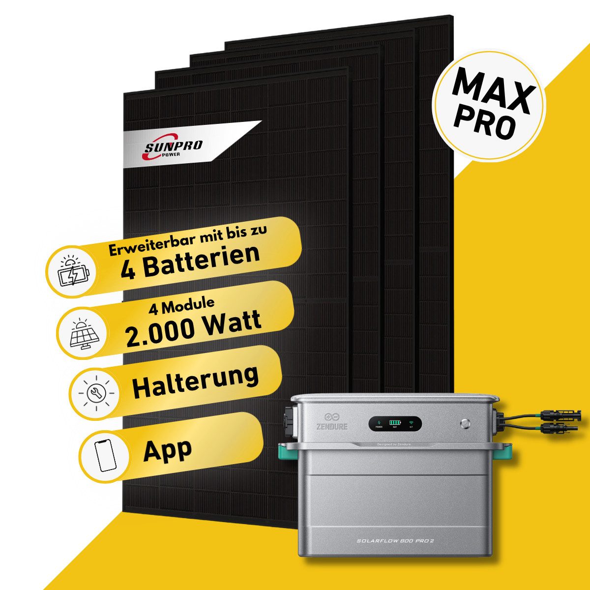 Balkonstrom Balkonkraftwerk MAX Pro 2000 Watt Solaranlage mit Speicher Komplettset Bifazial, 2000 W, Monokristallin, (4x Sunpro Solarmodul á 500 Watt, 1x Zendure SolarFlow 800 Pro 2, 1-4 Zusatzspeicher AB2000L), Halterung für Dach, Fassade, Balkon & Garten, App & Plug&Play DE