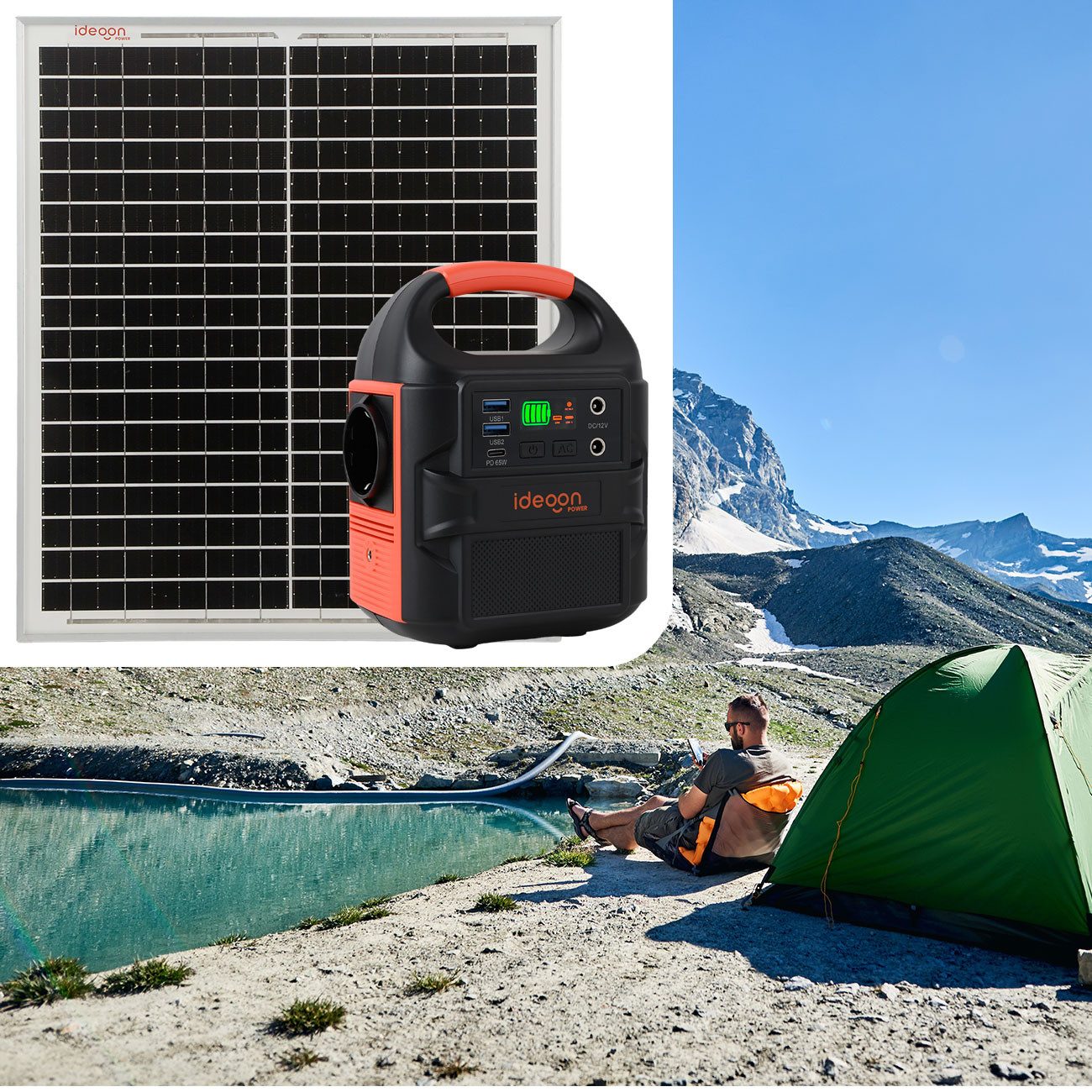 shop'n smile ideoon Mobiles Powerstation Set 88,8Wh 20W Solarmodul 230V Steckdose Leuchte Powerstation (20W Leistung, Max. Netzspannung (Vmp): 19,5 V, Leerlaufspannung (Voc): 21,8 V V), 20W Modul IP65, 230V, PD 65W & LED-Leuchte
