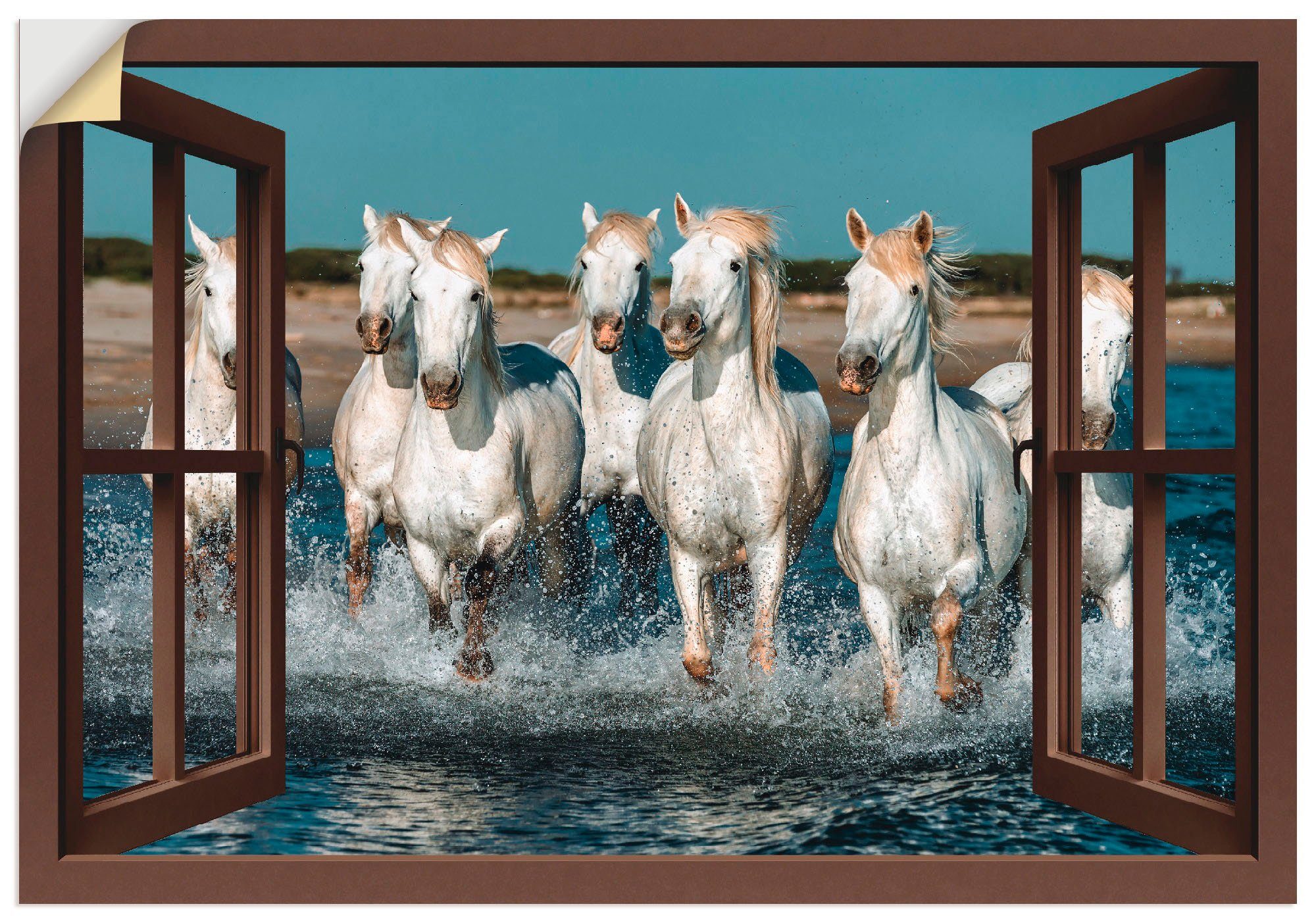 Artland Wandbild Fensterblick Pferde am Strand, Haustiere (1 St), als Alubild, Leinwandbild, Wandaufkleber oder Poster in versch. Größen | Poster