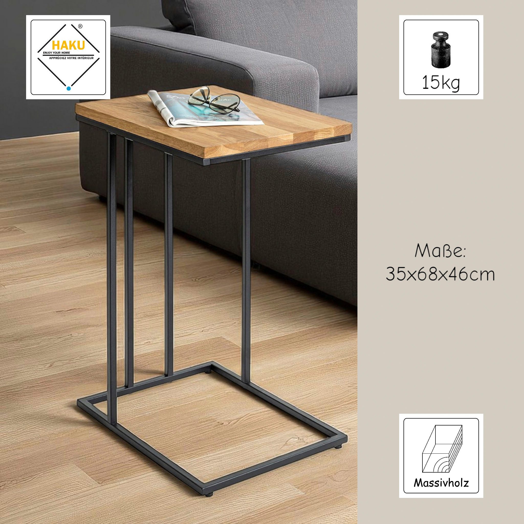 HAKU Beistelltisch Sofatisch, Wohnzimmertisch (1-St), rechteckig - aus Massivholz Braun B/T/H 35/46/68 cm