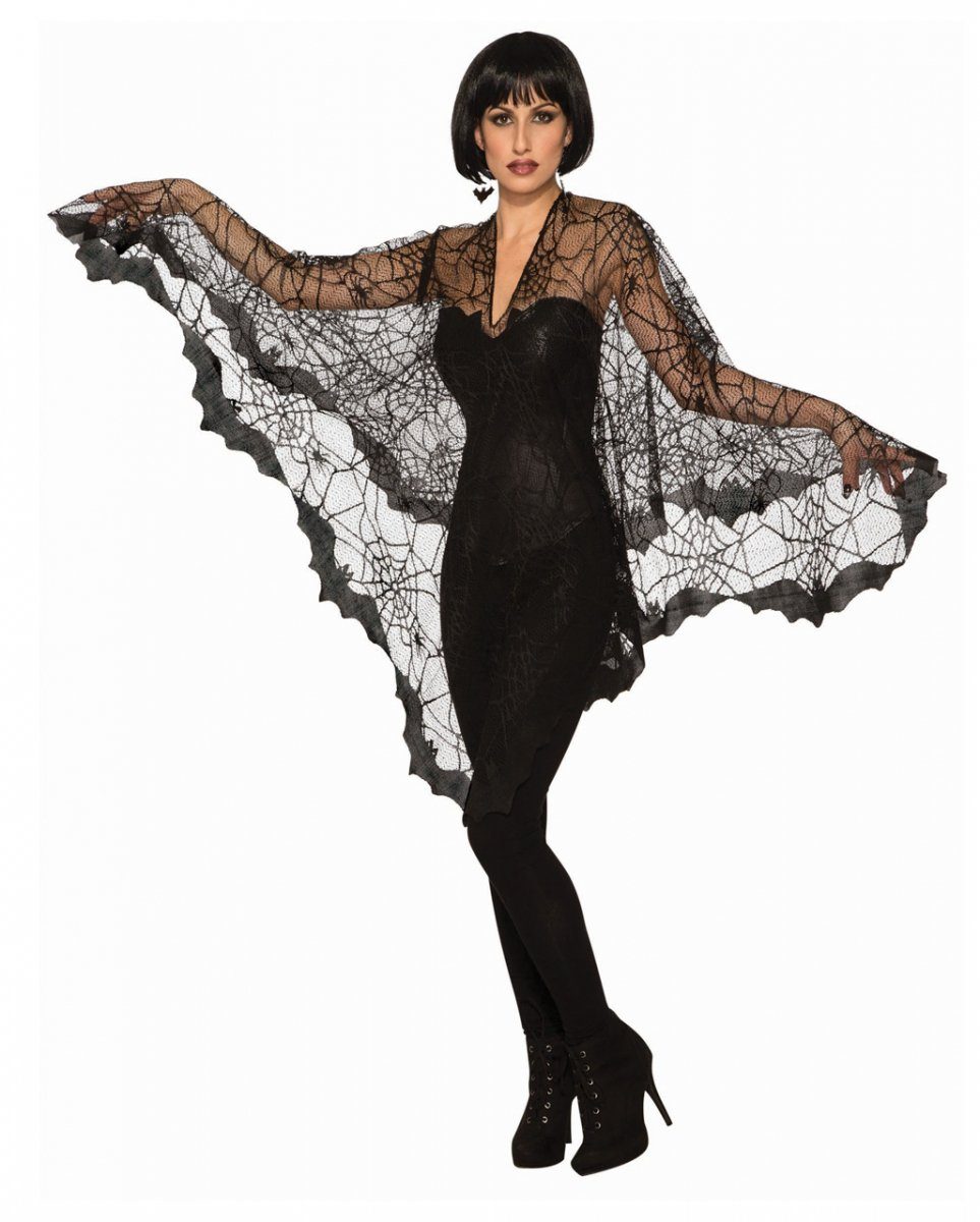 Horror-Shop Vampir-Kostüm Schwarzer Fledermaus Poncho aus Spitze für Hallowe