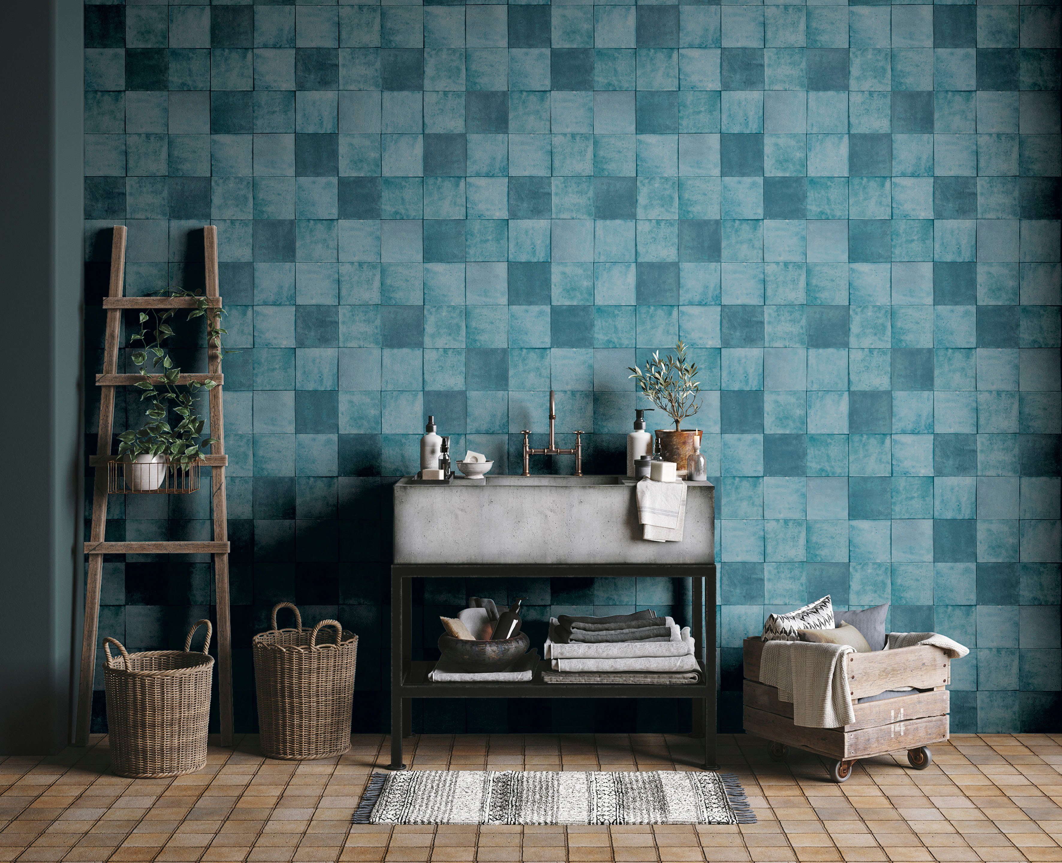 Marburg Fototapete Tile, glatt, matt, moderne Vliestapete für Wohnzimmer Schlafzimmer Küche Kadettenblau