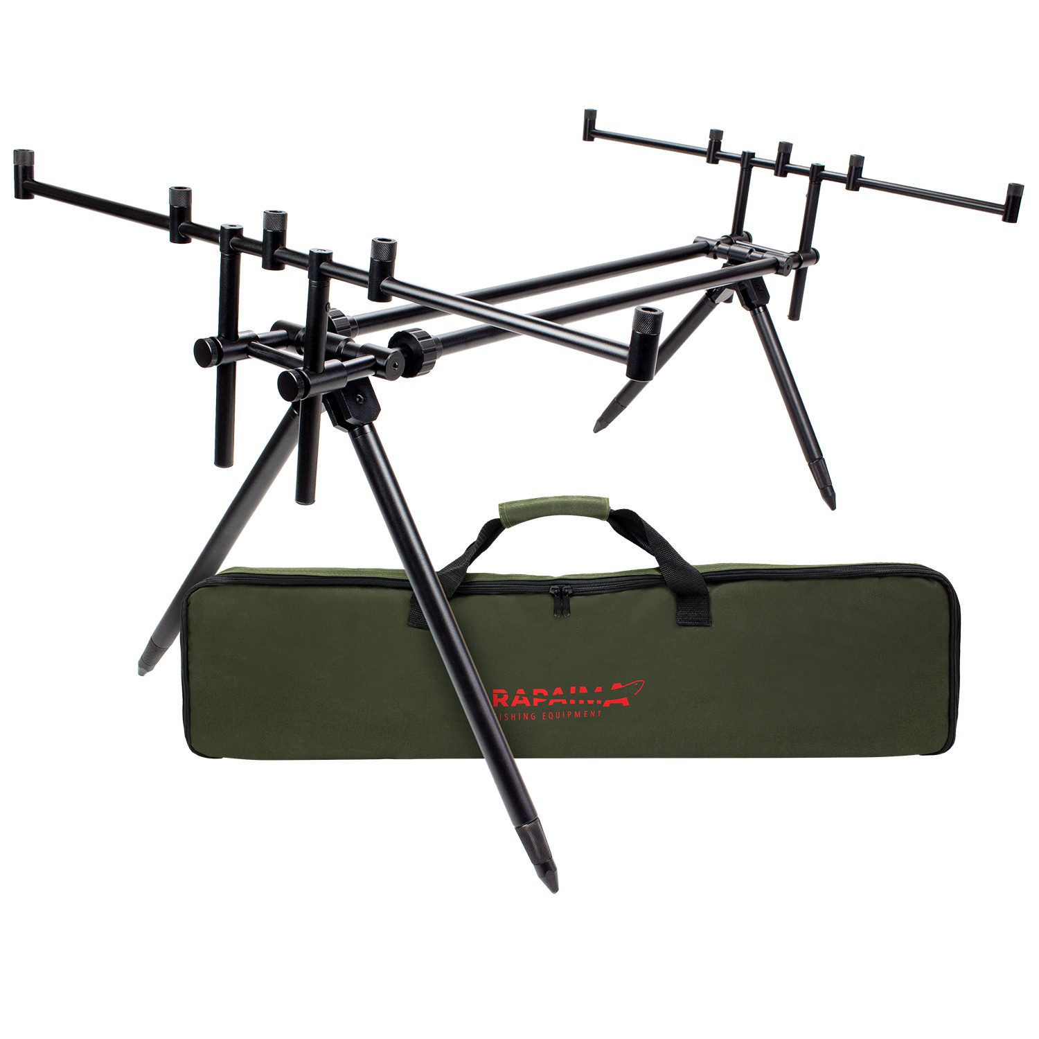 Arapaima Fishing Equipment Rutenhalter Aluminium Rod Pod für 5 Angelruten höhen- und längenverstellbar, (Rod Pod, für See, Fluss und Kanal, Für bis zu 5 Angelruten mit Transporttasche und Aluminiumgestell)