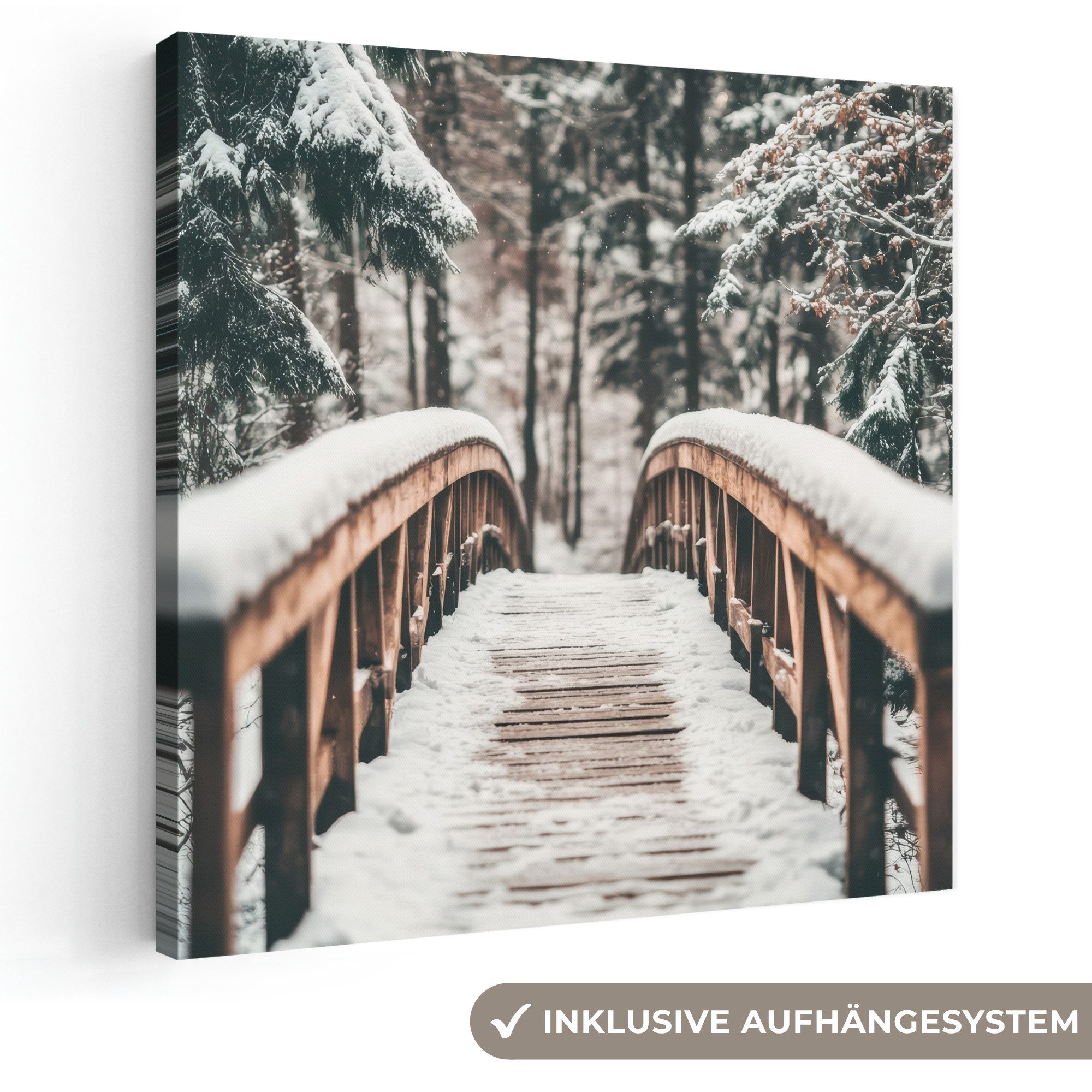 OneMillionCanvasses® Leinwandbild Brücke - Winterlandschaft - Wald - Natur - Schnee, Fotodruck (1 St), Wandbild, Deko Schlafzimmer Wohnzimmer Flur 20x20 cm