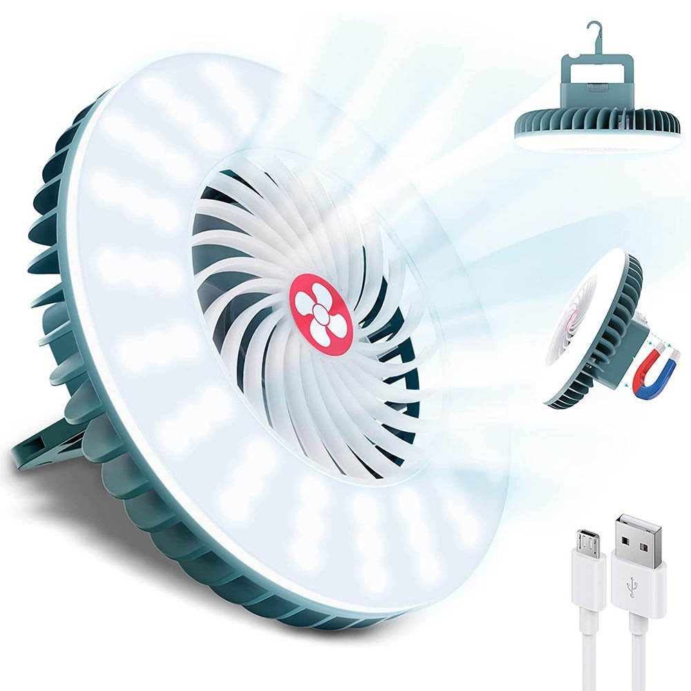 MUPOO Deckenventilator Mini USB-Ventilator LED-Licht; USB-Powerbank; Ø 16.8cm, 54LEDs, mit Magnet & Hanging Haken für Outdoor,Camping,Büro,Grill