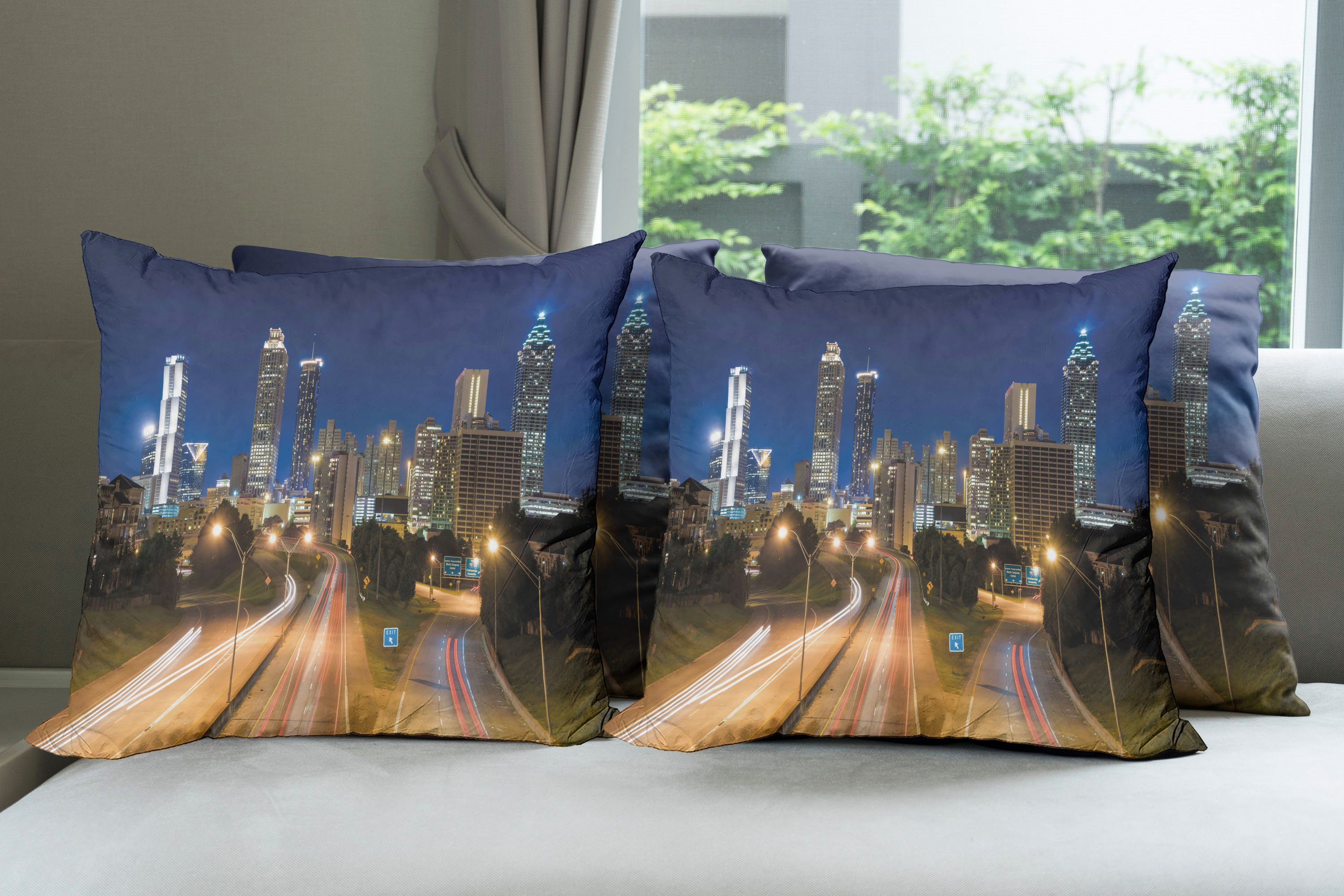 Kissenbezüge Modern Accent Atlanta Städtisch (4 Abakuhaus Doppelseitiger Stück), Skyline Dämmerung Digitaldruck