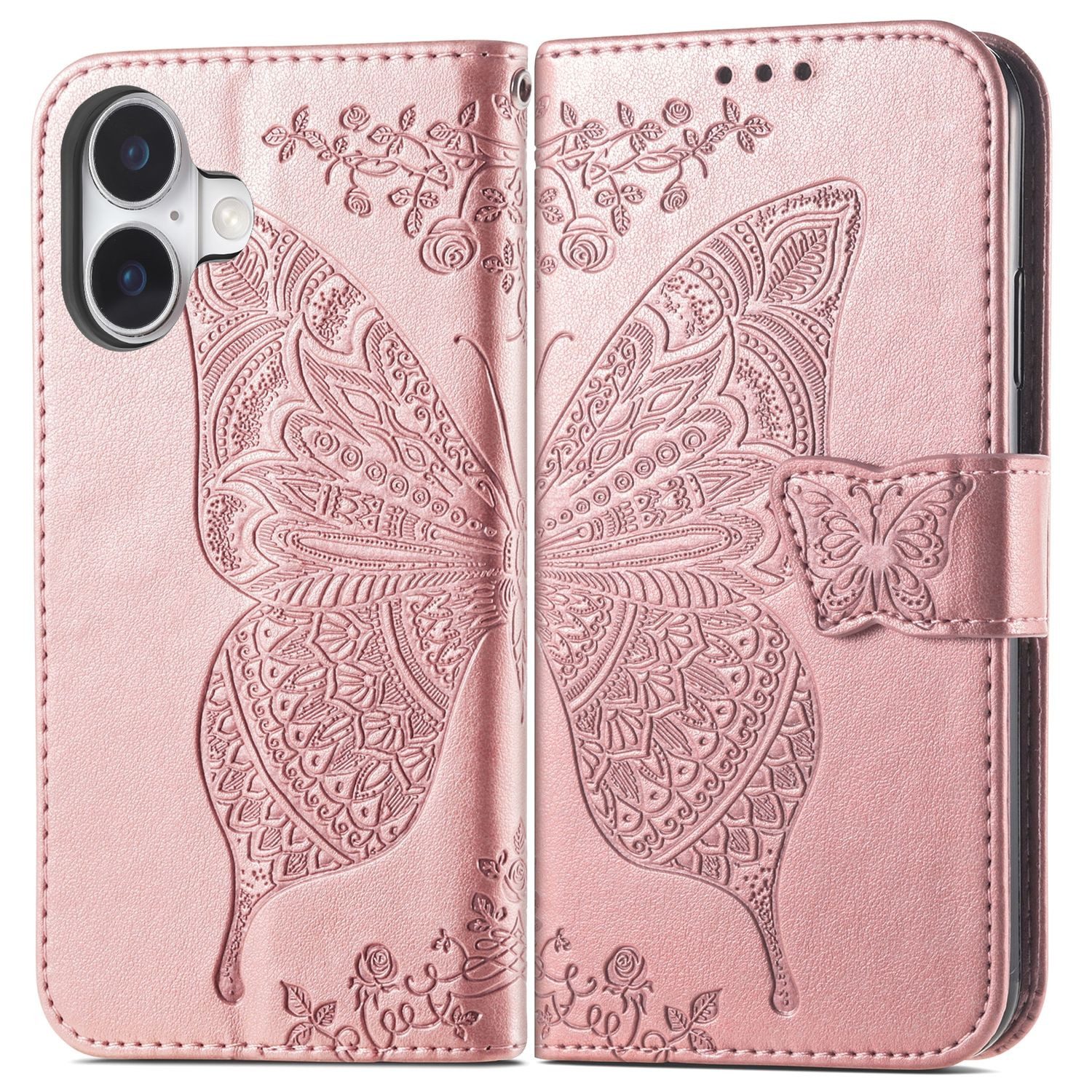 Wigento Smartphone-Hülle Für Apple iPhone 16 Kunstleder Wallet Schmetterling Hülle Case Rosa, Kunst-Leder Schutzhülle Smart Case Cover magnetischer Verschluss