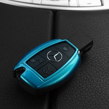 mt-key Schlüsseltasche Autoschlüssel Hardcover Schutzhülle Metallic Blue, für Mercedes Benz Funk ab 2005 Smartkey