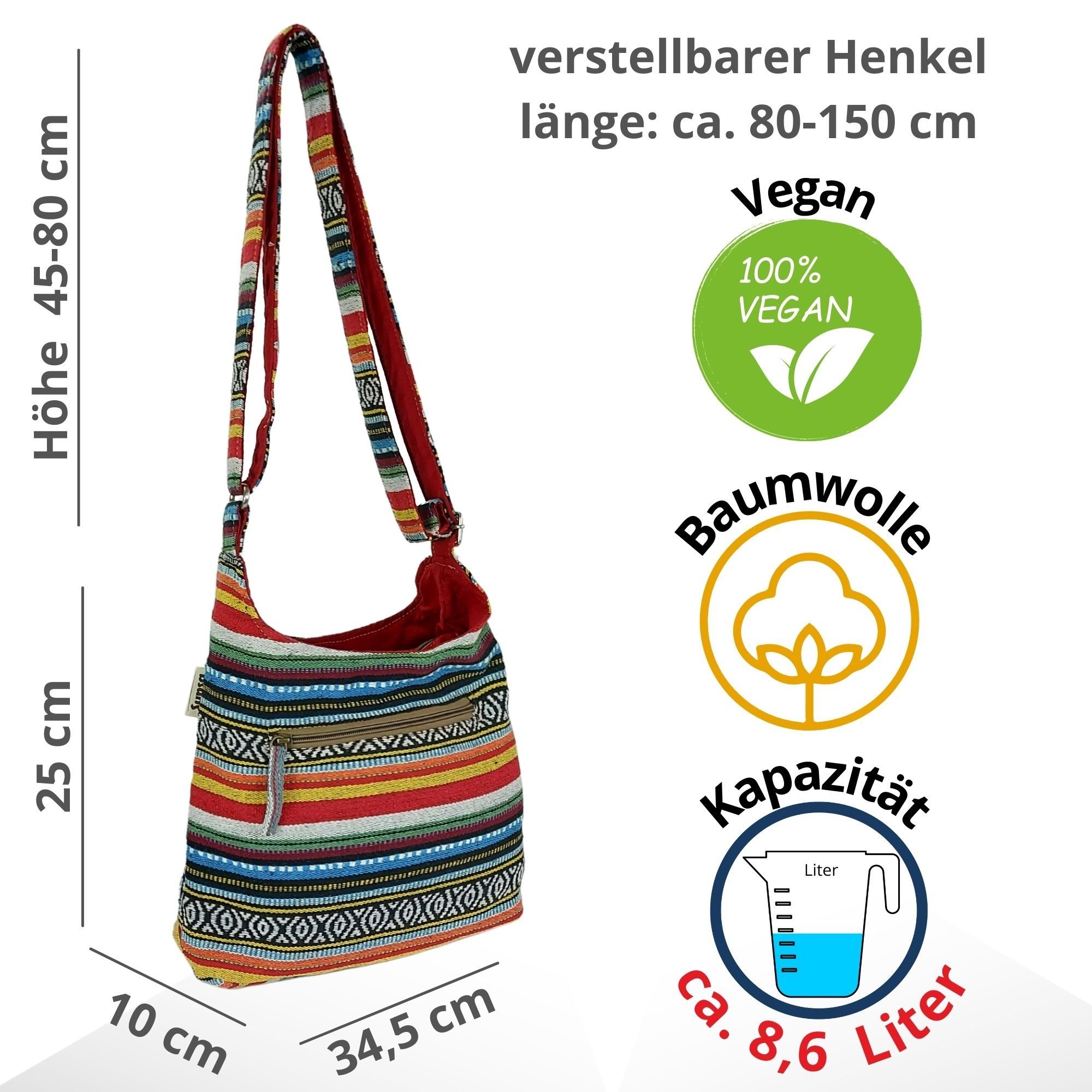 Crossbody Hobo Tasche, Crossover, nachhaltige Hobo Vegane Streifen Design Sunsa rot/blau/bunt Umhängetasche