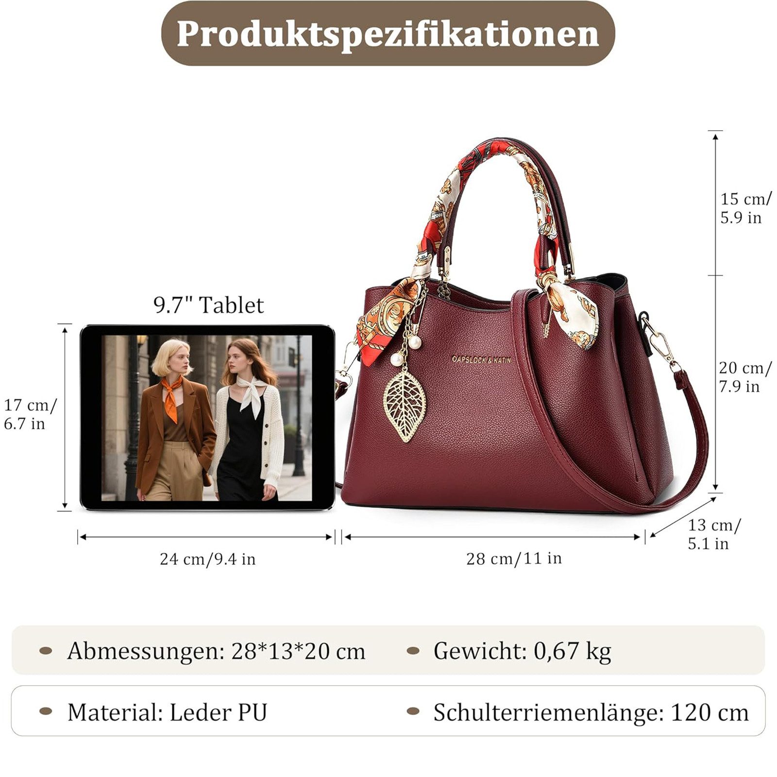 OKWISH Henkeltasche Damen-Handtasche Umhängetasche Tragetasche Aktentasche Tasche Damen (abnehmbarer Schulterriemen vielseitig tragbar Alltags Business-Tasche, 1-tlg., Drei Hauptfächer Reißverschluss- und Handyfach), für Alltag Reisen Partys Büro oder besondere Anlässe kombinierbar