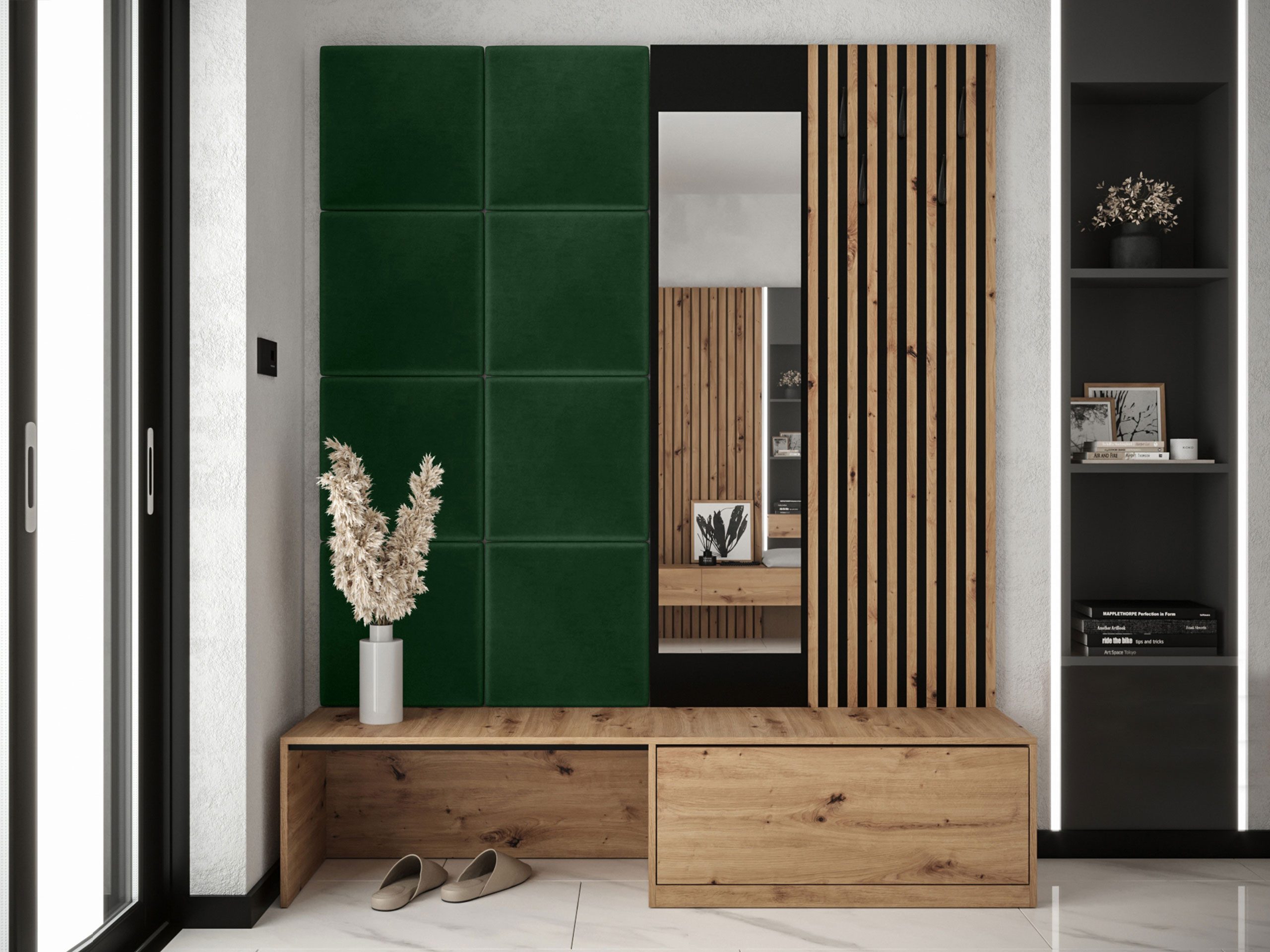 MIRJAN24 Garderoben-Set Premium, (Komplett-Set, Schuhschrank, Spiegel, Lamellen mit Kleiderhaken + Paneel 42x42), Griffloses Öffnungssystem