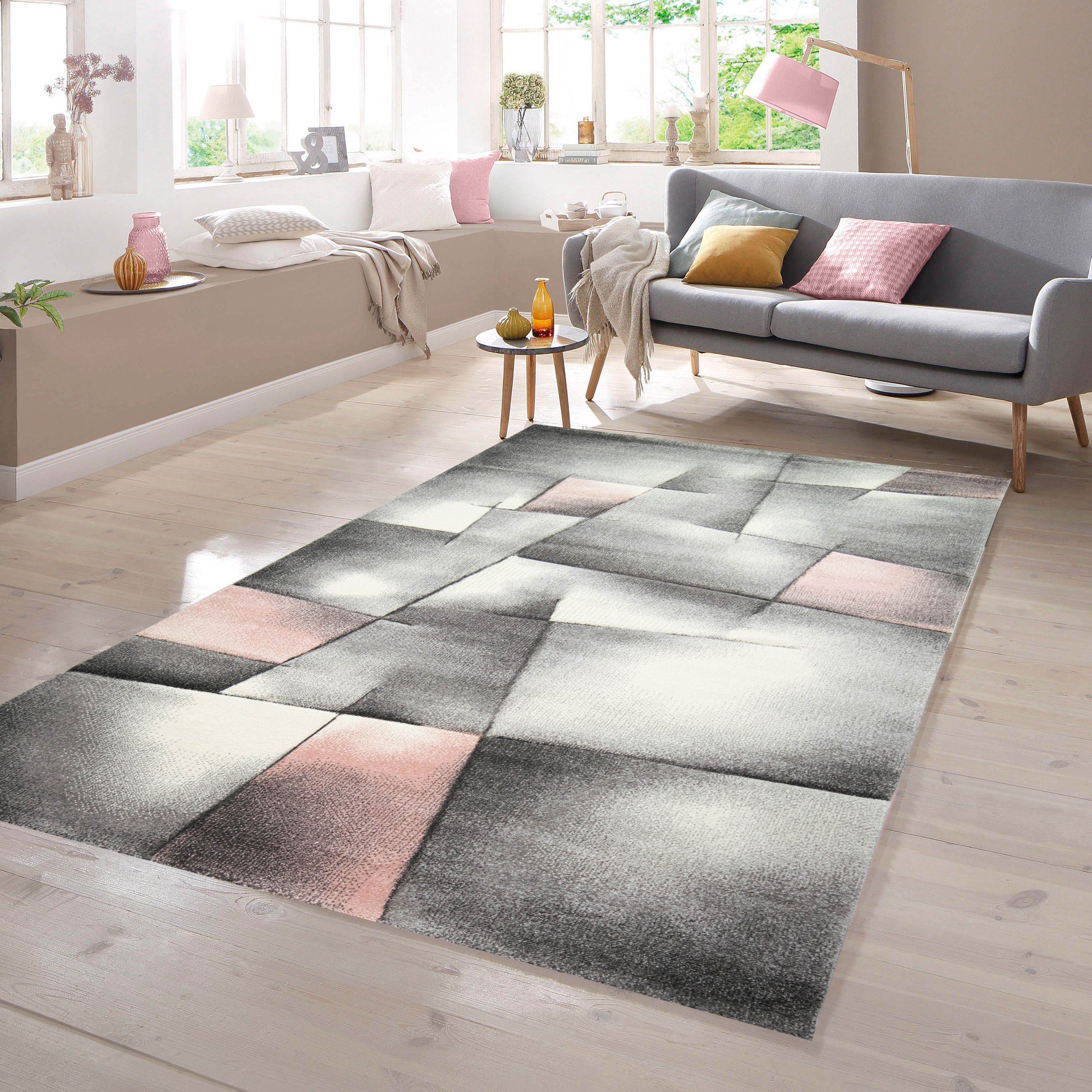 Teppich Teppich Kurzflor in pastell grau, rosa rechteckig TeppichHome24