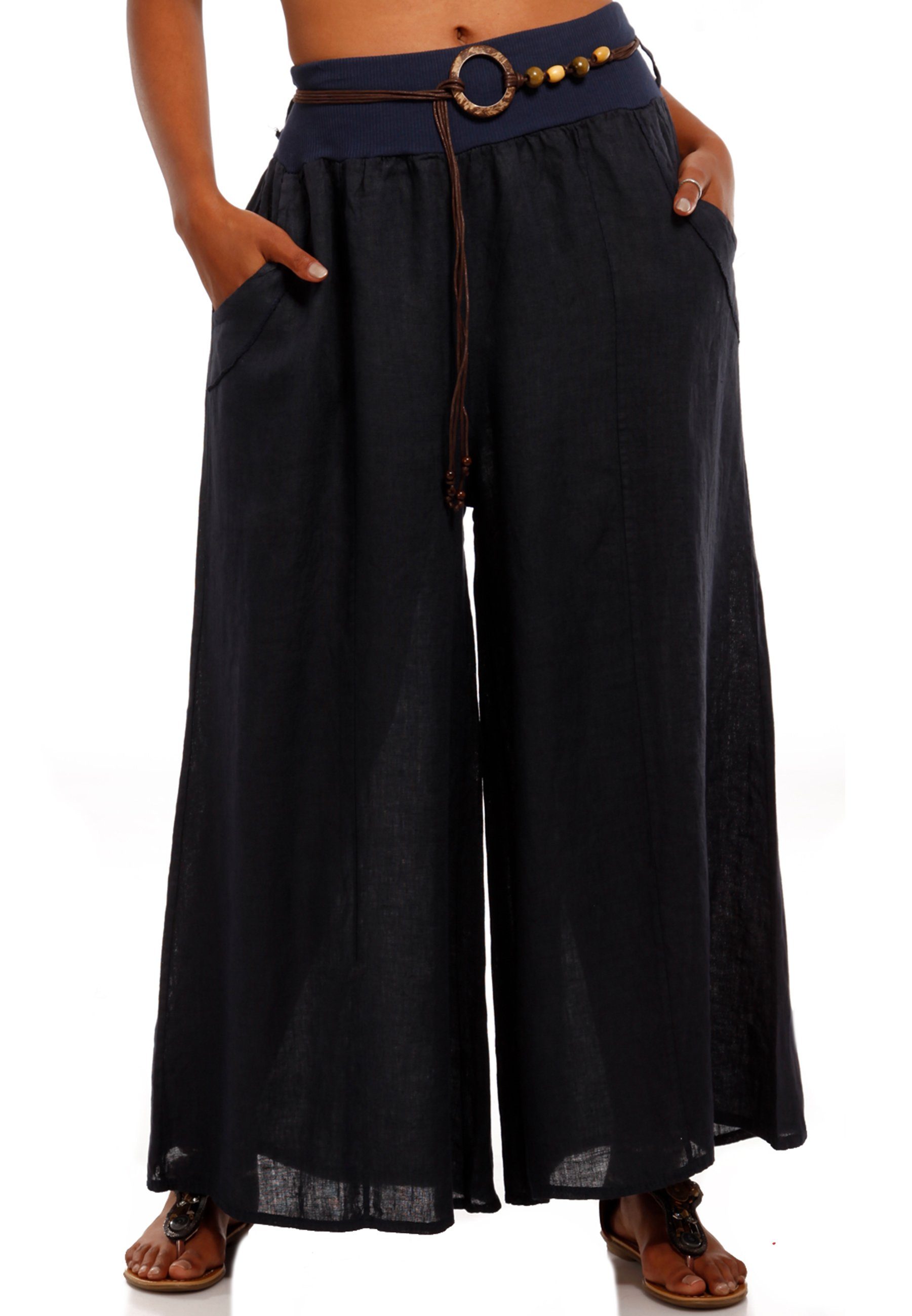 YC Fashion Leinenhose marine Style Bein mit (1-tlg) mit & weitem Leinenhose Bund casual, elastischem Hosenrock
