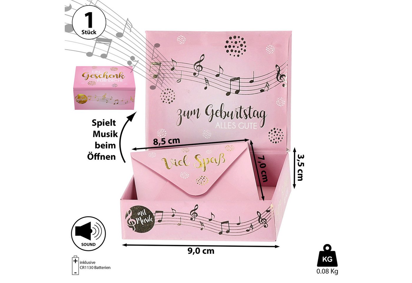 Thumbnail - CEPEWA Geschenkbox Geschenkbox Musik 'Ein Geschenk für Dich' rosa 9x7x3,5cm Briefumschlag
