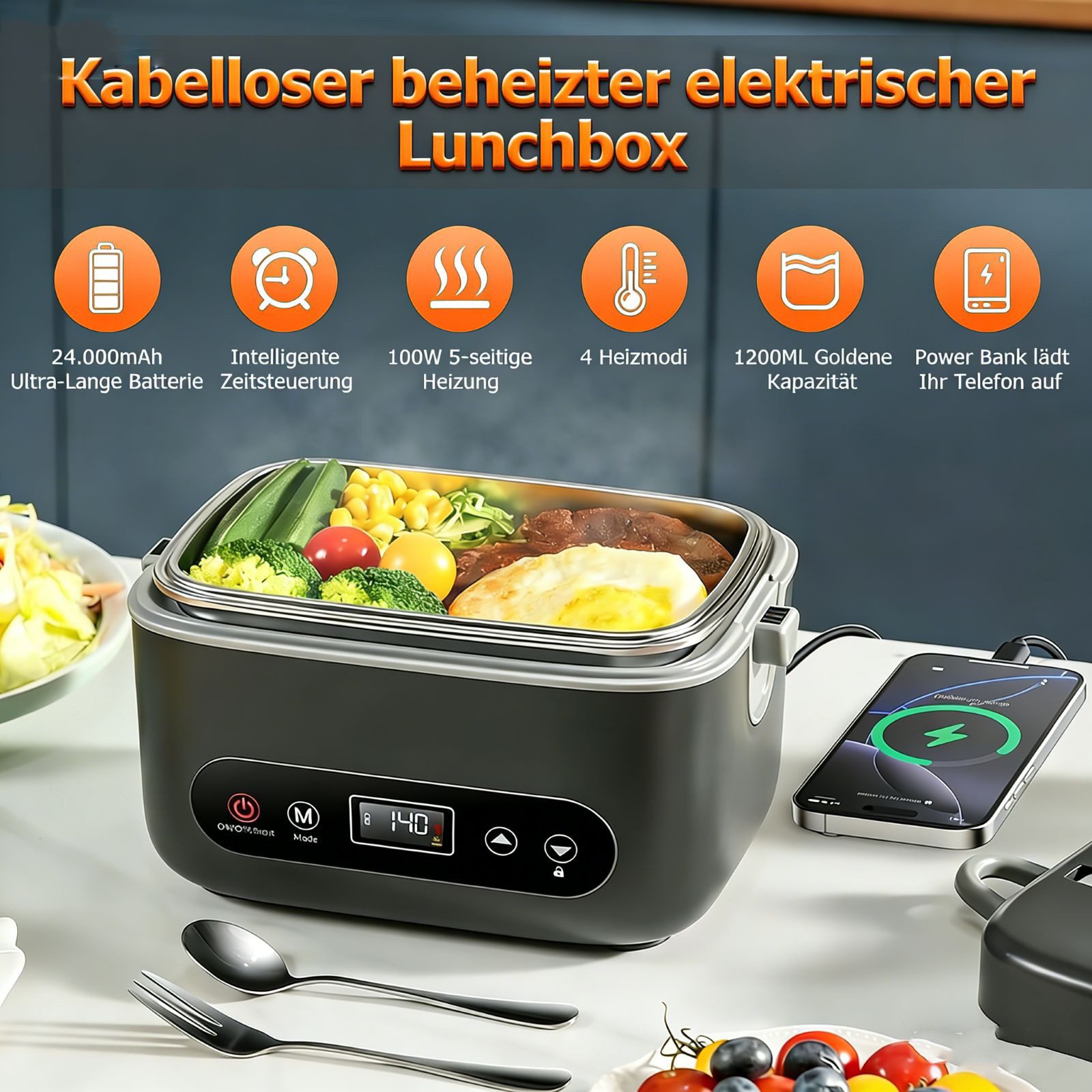 AKKEE Elektrische Lunchbox für Zuhause und Auto, Kabellos, 1,2 L, schnelles Erhitzen von Speisen, Intelligentes Touchpanel – Bild 3 von 5