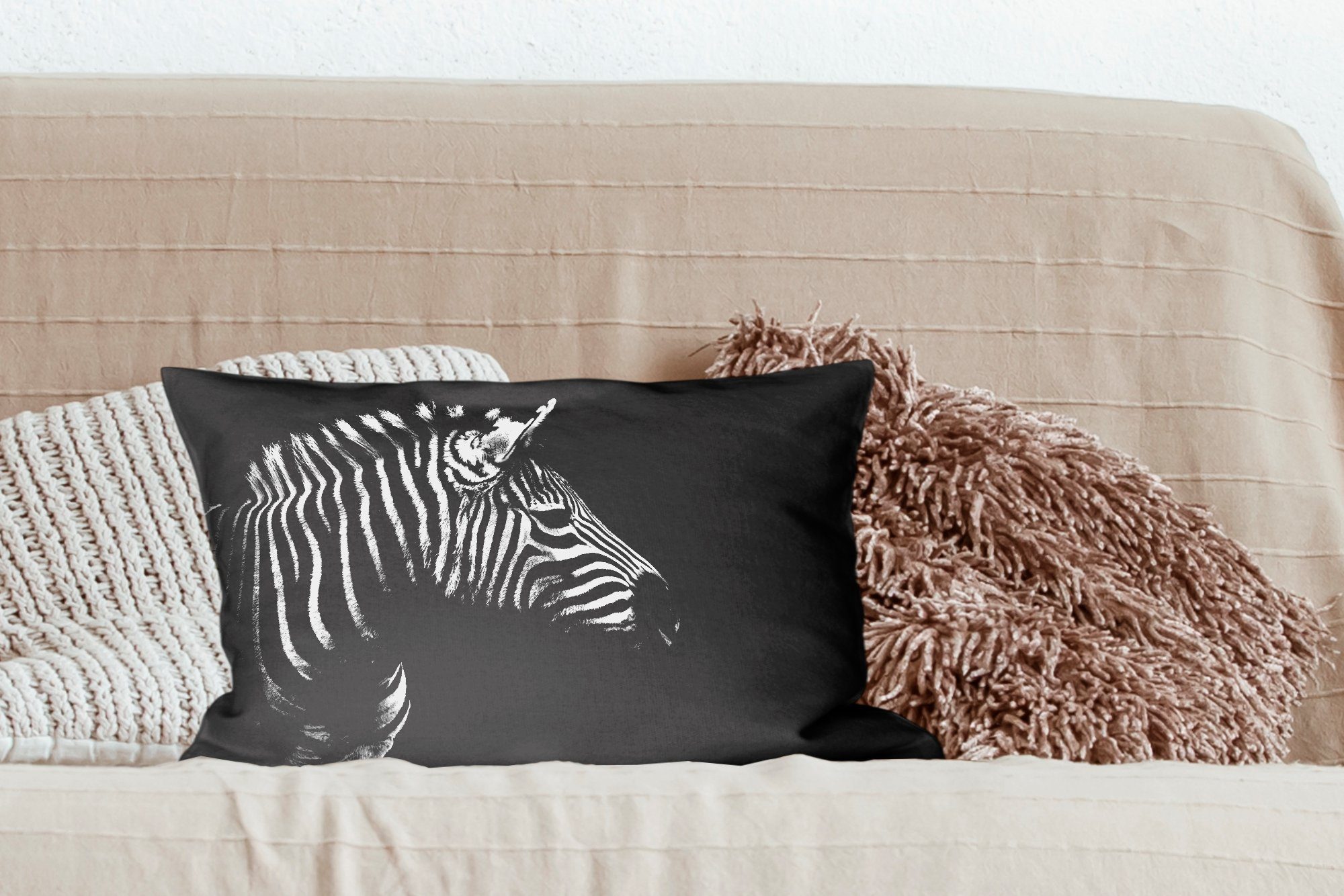 - - Zebra mit Füllung, - Wohzimmer Weiß Schwarz Dekoration, Zierkissen, Dekokissen Schlafzimmer Porträt MuchoWow - Dekokissen Tiere,
