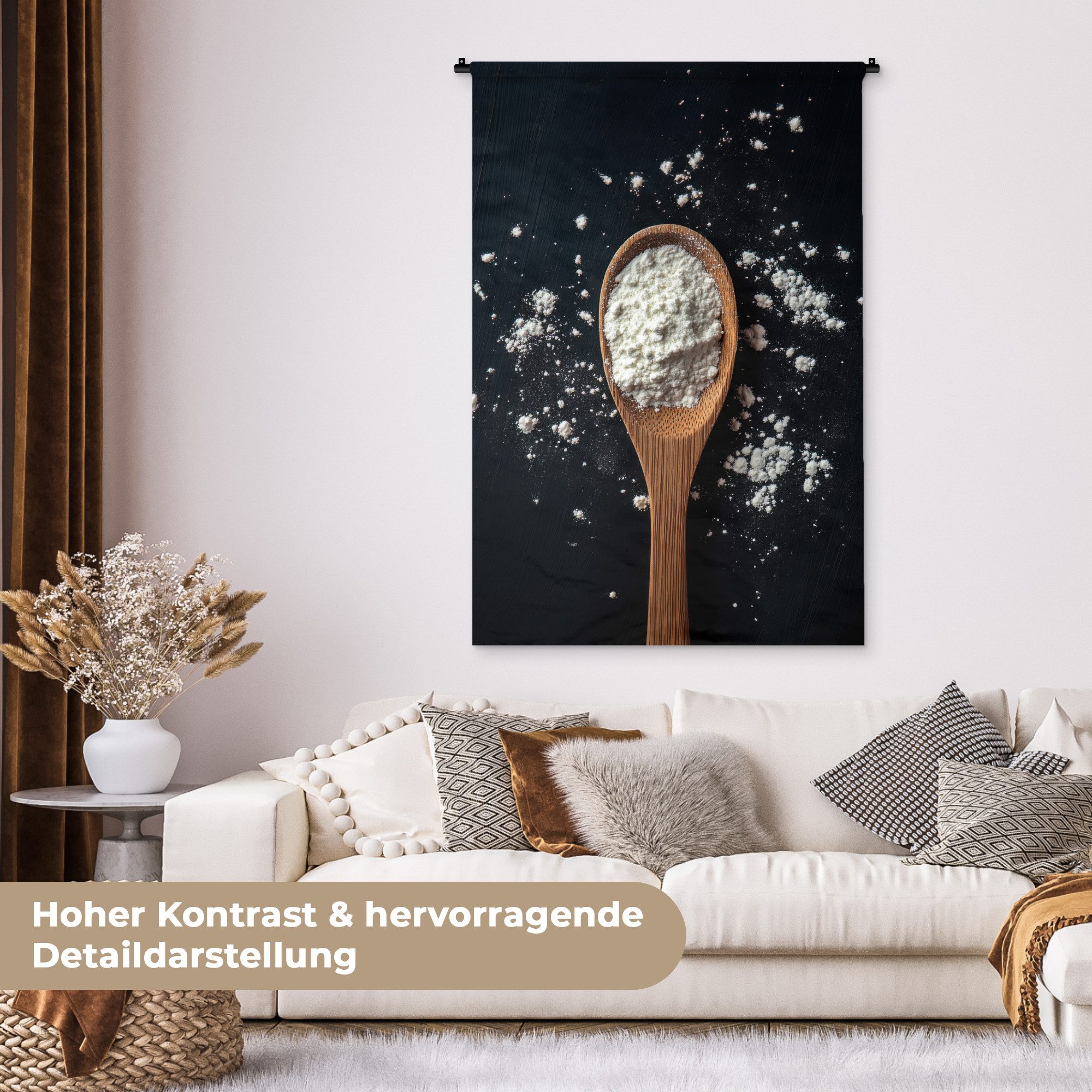 MuchoWow Wandteppich Mehl - Holz - Löffel, Rechteckig, Höhe: 3 mm, Wandtuch Wohnzimmer, Schlafzimmer, 90x135 cm