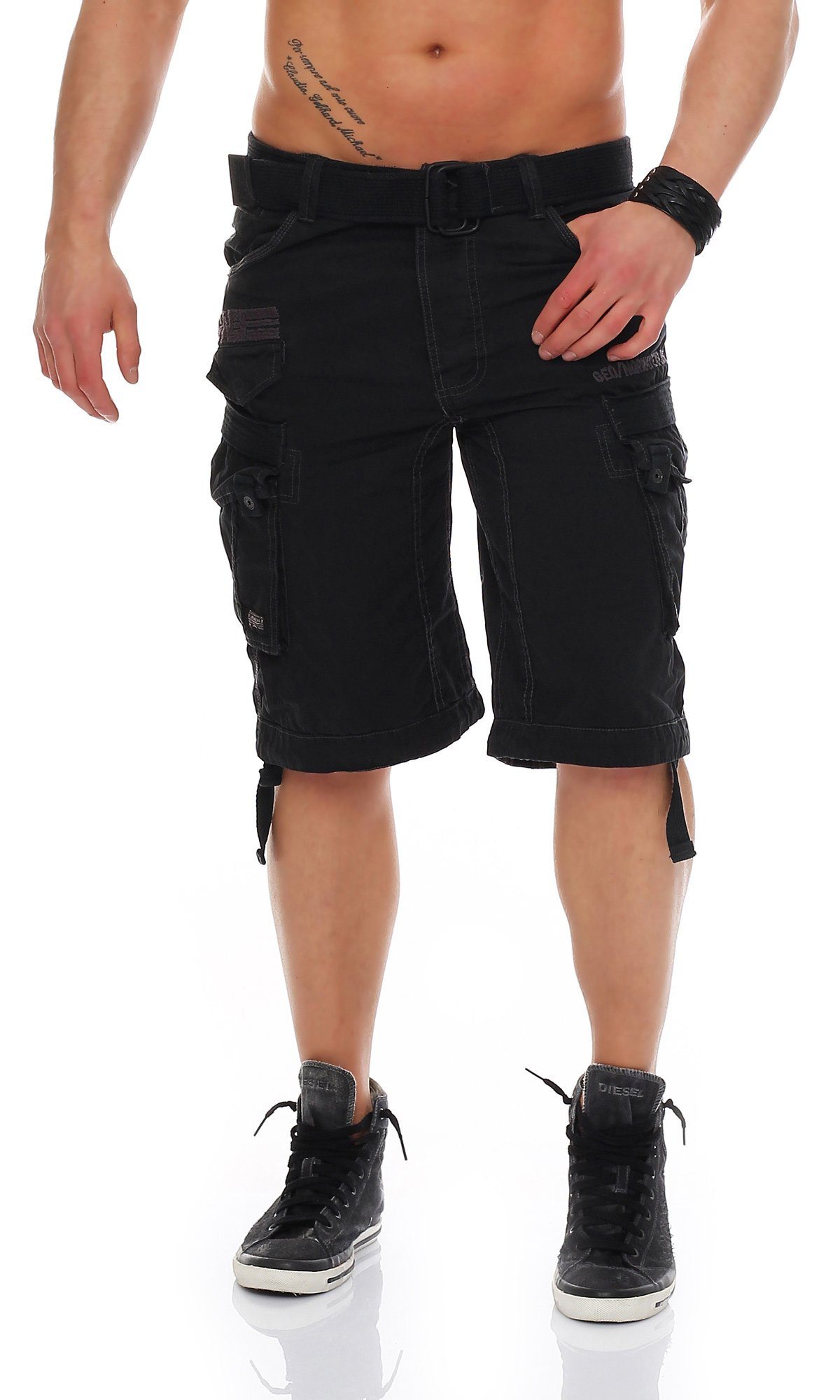 PANORAMIQUE Cargoshorts Schwarz Gürtel) Herren / (mit abnehmbarem camouflage Geographical Shorts, Norway Hose, Shorts kurze unifarben