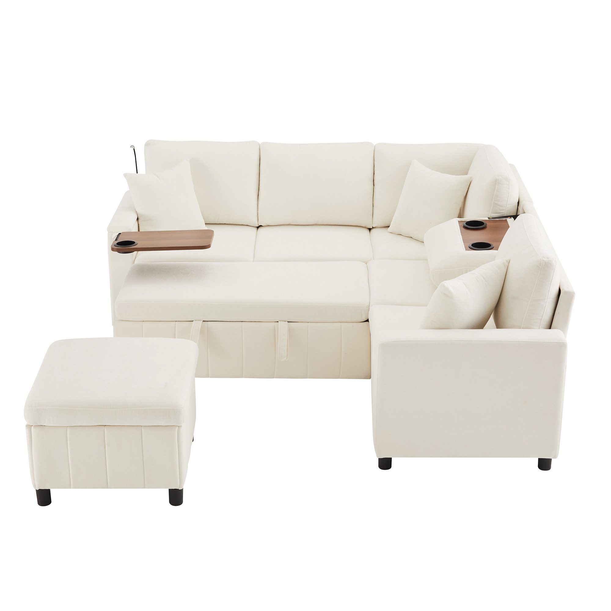 Flieks Ecksofa mit Schlaffunktion, Leselampe, USB&Type-C, und verstecktem Couchtisch, klappbare Rückenlehne mit Getränkehaltern, 5- Sitzer Ausziehsofa inkl. Hocker mit Stauraum, Chenille Beige