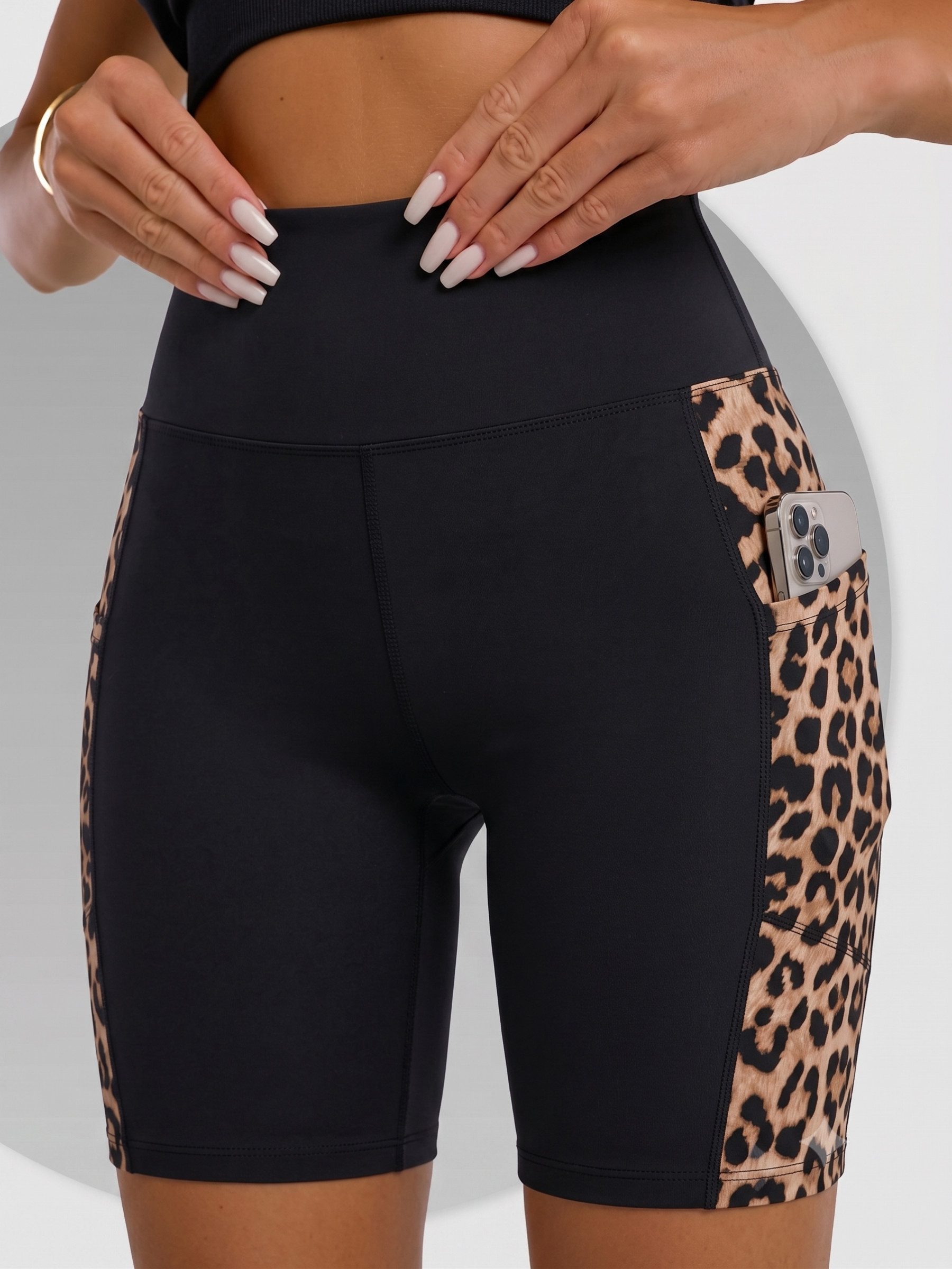 FemmeTone Shorts Damen Sportshorts High Waist mit Taschen, Radlerhose im Leo-Look Bikershorts mit Handytaschen und formendem Kreuzbund - Fitnessshorts
